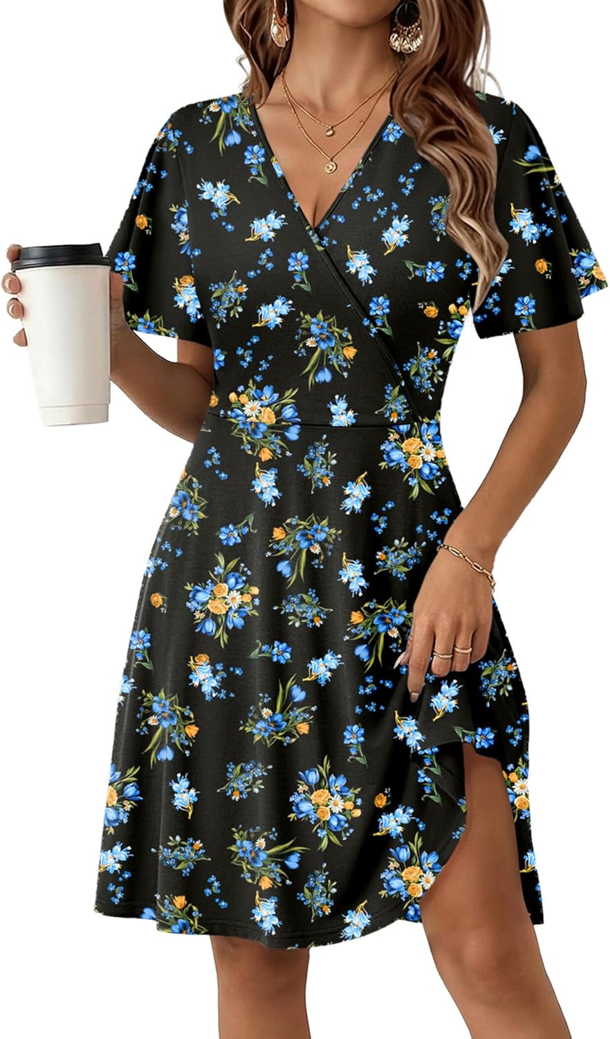 Zeagoo Womens Summer Sundress Ruffle Short Sleeve Casual Dresses V Neck Floral Wrap A-Line Party Dress with Pockets - Image 2