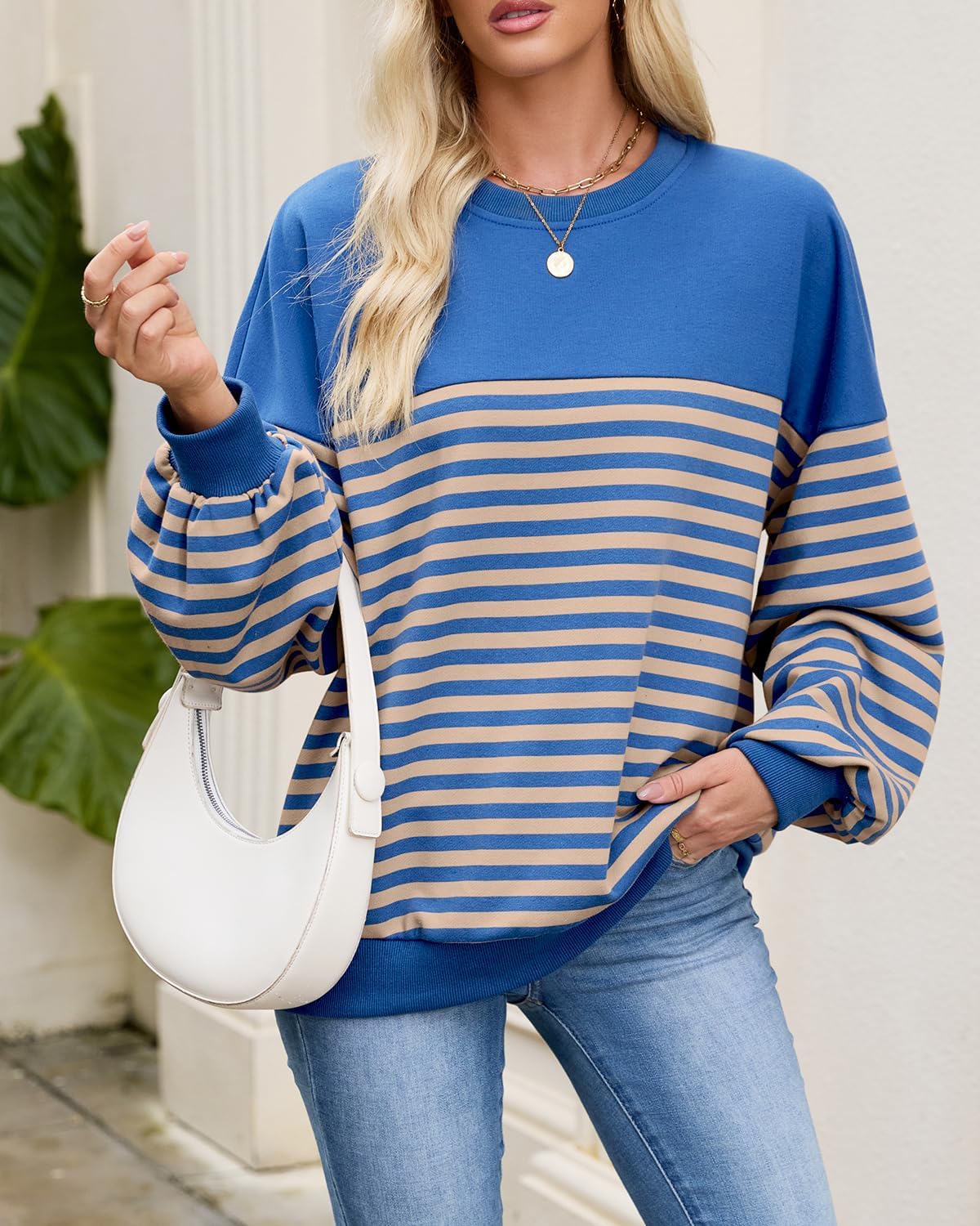 HEYTALALA Womens Oversized Striped Sweatshirts Y2K Long Sleeve Crewneck Sweater Color Block Drop Shoulder Loose Pullover Tops - Image 3