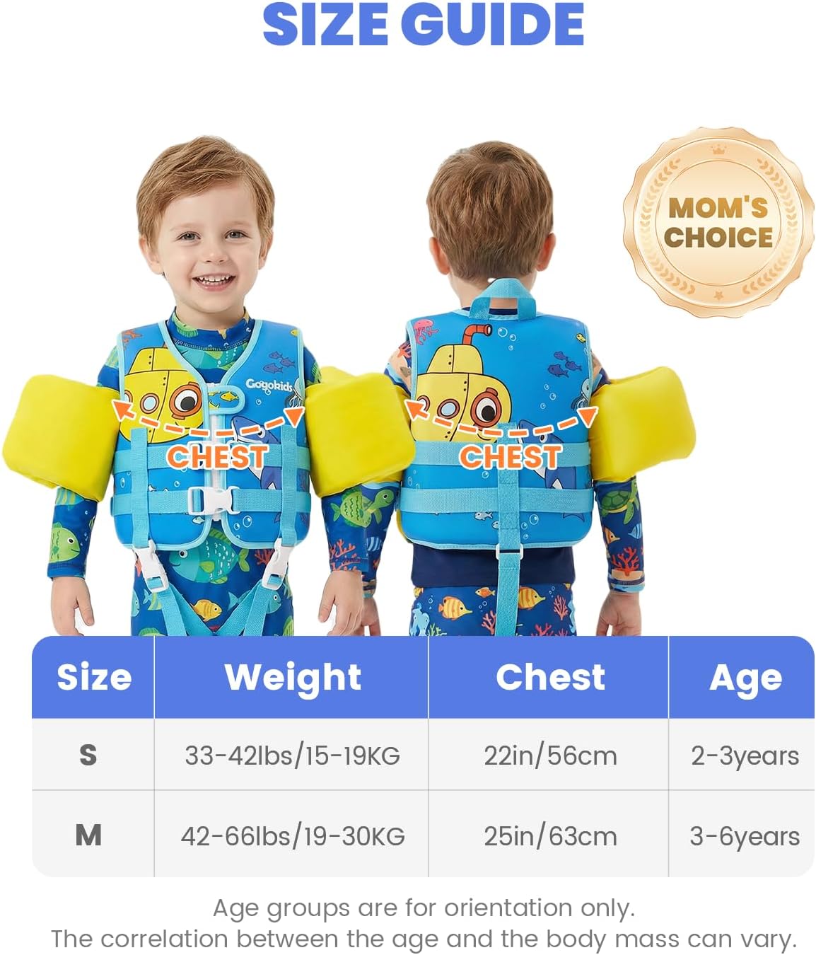 Gogokids Toddler Swim Vest for Kids 33-66 Pounds, Toddler Floaties Water Wing Arm Float, Swim Jacket with Adjustable Safety Strap for 2 3 4 5 6 Years Old Girls and Boys in Pool/Puddle