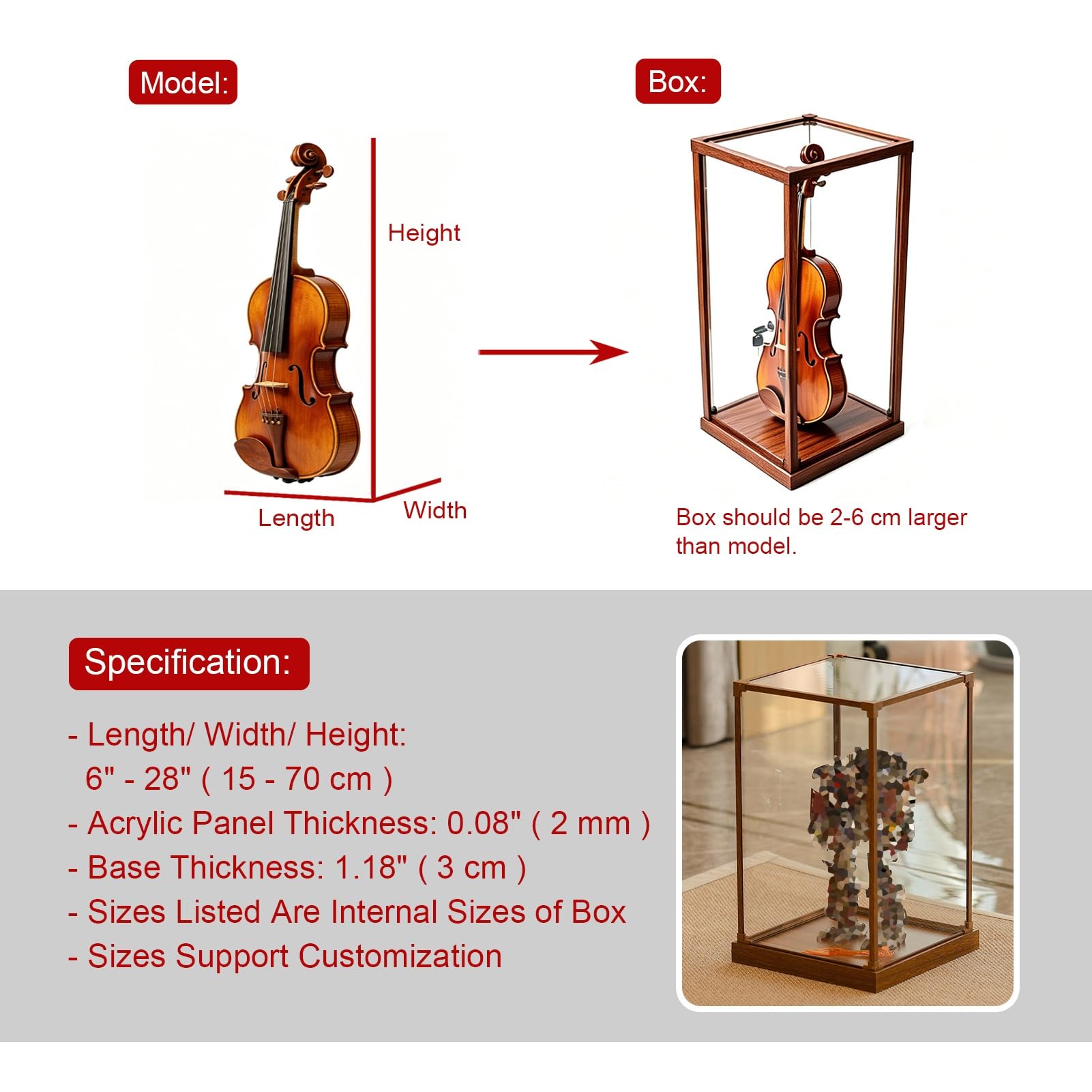 Teca Plexiglass Vetrina Retrò con Base Effetto Legno e Struttura in Alluminio | Vetrina Espositiva Alta e Trasparente in Acrilico Personalizzabile per Oggetti da Collezione(50x50xH50cm/20x20x20in)
