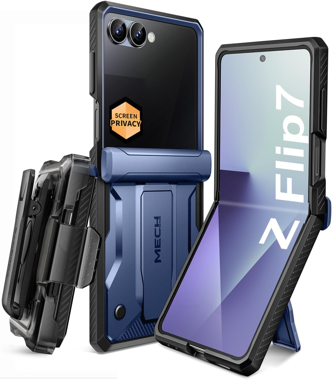 TONGATE for Samsung Galaxy Z Flip 7 Case with Privacy Screen Protector, [Stand & Belt-Clip] [Hinge Protection] [Anti-Slip], Full-Body Military Grade Protective Phone Case for Z Flip 7 5g 2025, Blue