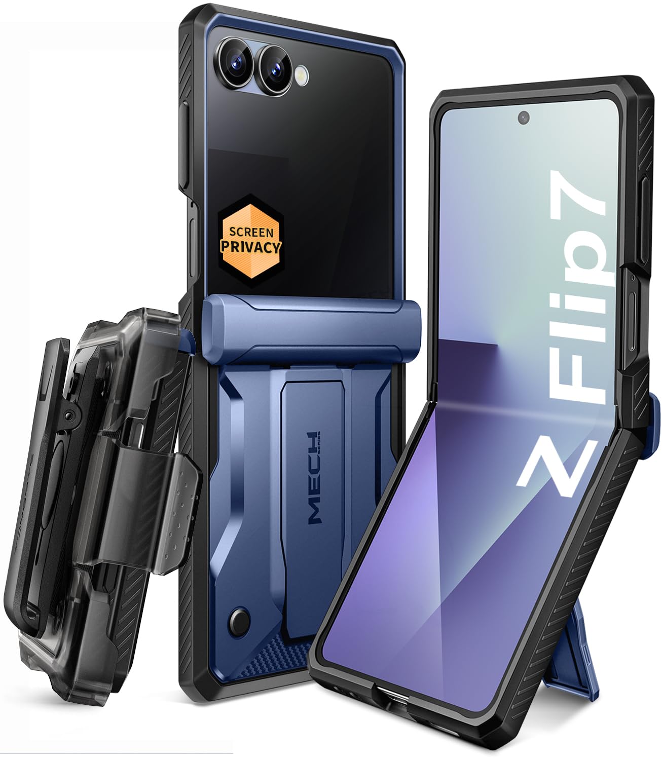 TONGATE Custodia per Z Flip 7 con pellicola protettiva per lo schermo della privacy, supporto e clip per cintura, protezione per cerniera, antiscivolo, custodia protettiva integrale di grado militare