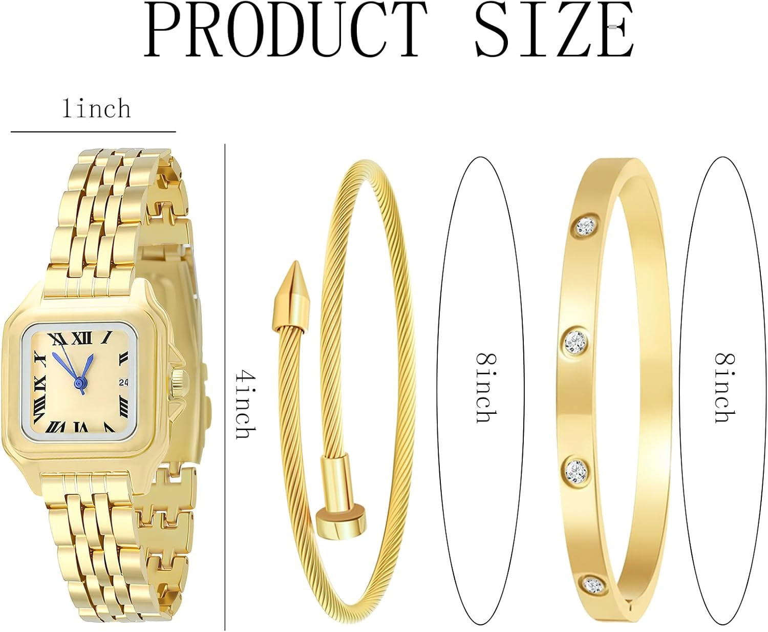 SUBANG 3 Pieces Women Gold Watch Bracelets Set Fashion Costume Jewelry Stainless Steel Gold Plated Square Wristwatch Diamond Bangle Bracelet Watch Jewelry Set for Women - Image 2