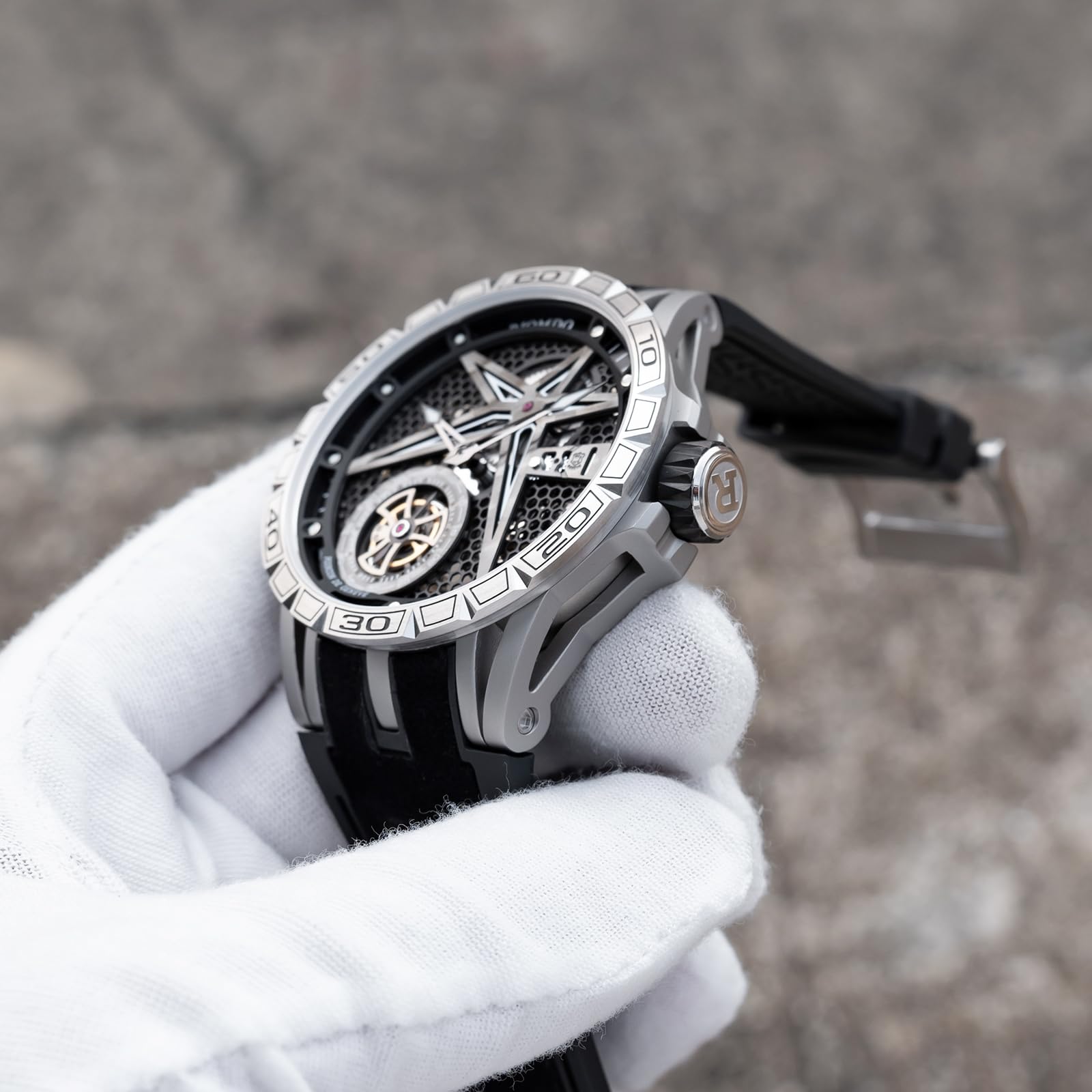 OBLVLO Męski 46 mm mechaniczny automatyczny zegarek maszynowy z wydrążoną tarczą 50 m wodoodporny gumowy pasek wojskowy zegarek RD-901