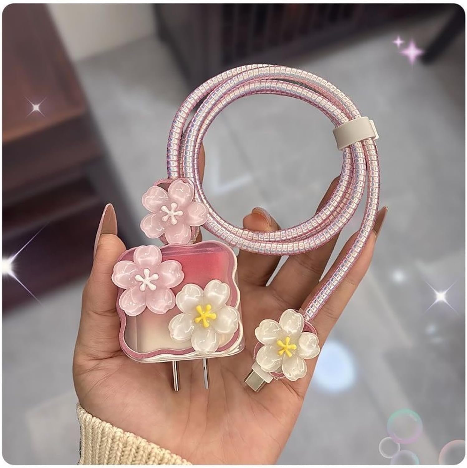 Cute Flower Charger Cord Protector for iPhone Charger Cover,Simple Elegant Cherry Floral Phone Charger Protector with Gradient Pink Pattern Cable Protector,Wire Cord Saver for iPhone 14 15 16 Pro Max
