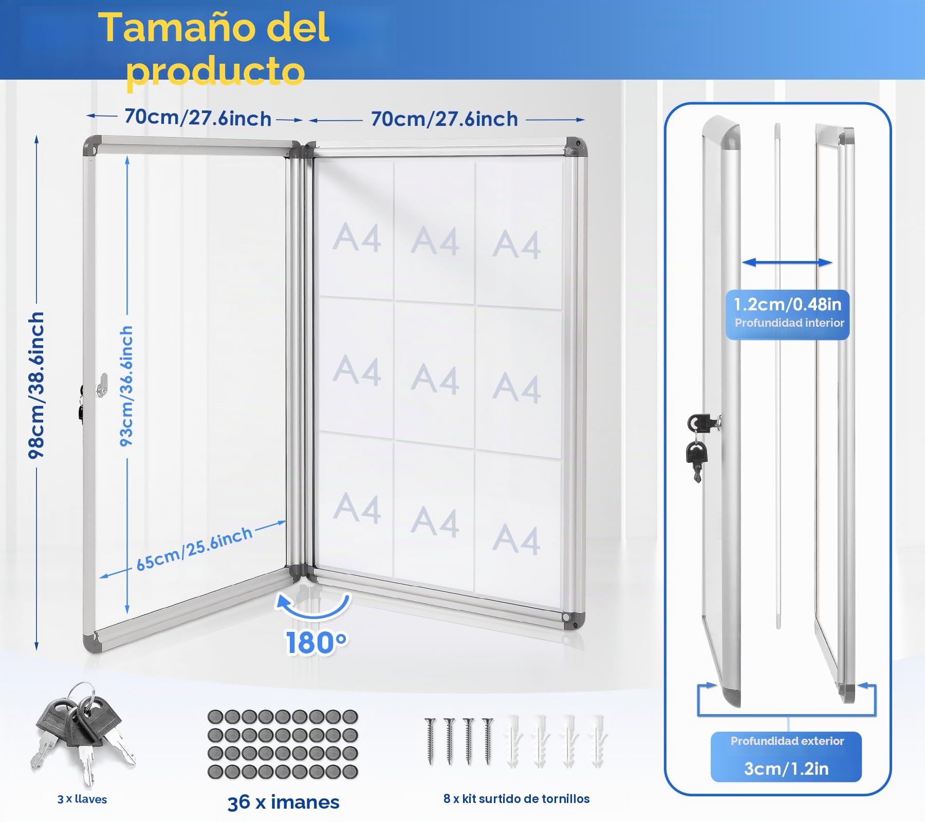 SwanSea Tablón de Anuncios Blanco con cerradura Tablón de anuncios con con llave con bisagras para interiores en aluminio,98x72 cm (9xA4)