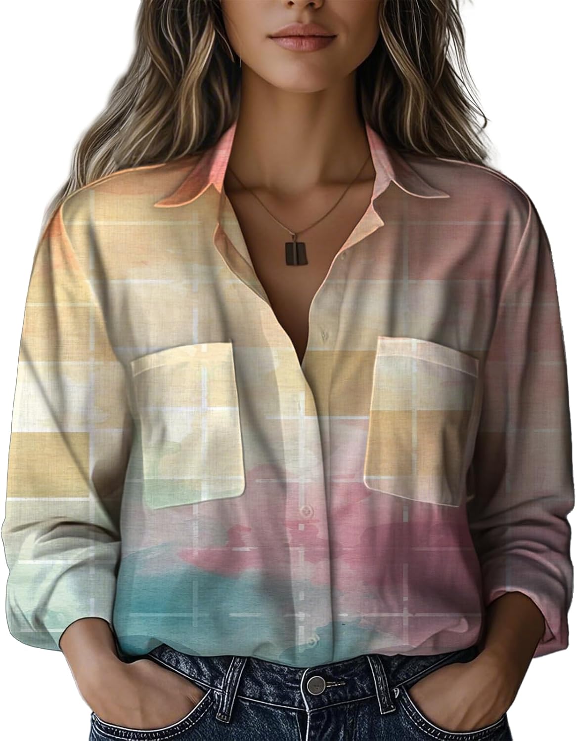 Summer Shirts for Women Boho Long Sleeve Button Down V Neck Dressy Office Work with Pocket Oversized Beach Top