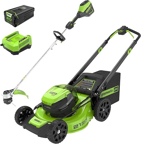 Greenworks Cortacésped inalámbrico de batería de 80 V y 21 pulgadas, kit combinado de recortadora de batería inalámbrica de 16 pulgadas con (1)