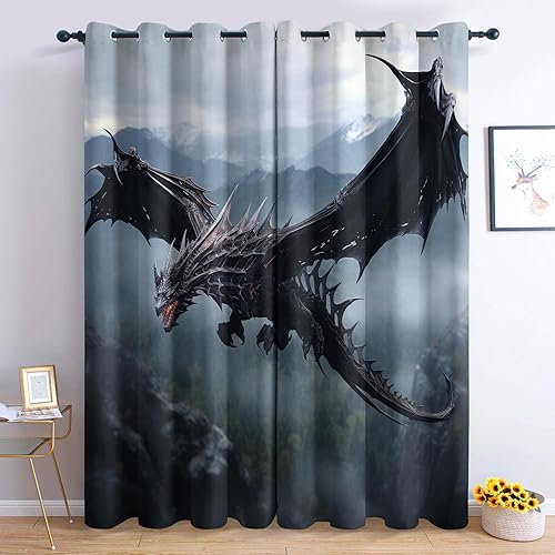 Miniatura 2 de Juego de 2 paneles de cortinas Dragon de 63 pulgadas de largo, cortinas opacas de montaña para dormitorio, sala de estar, oscurecimiento de la