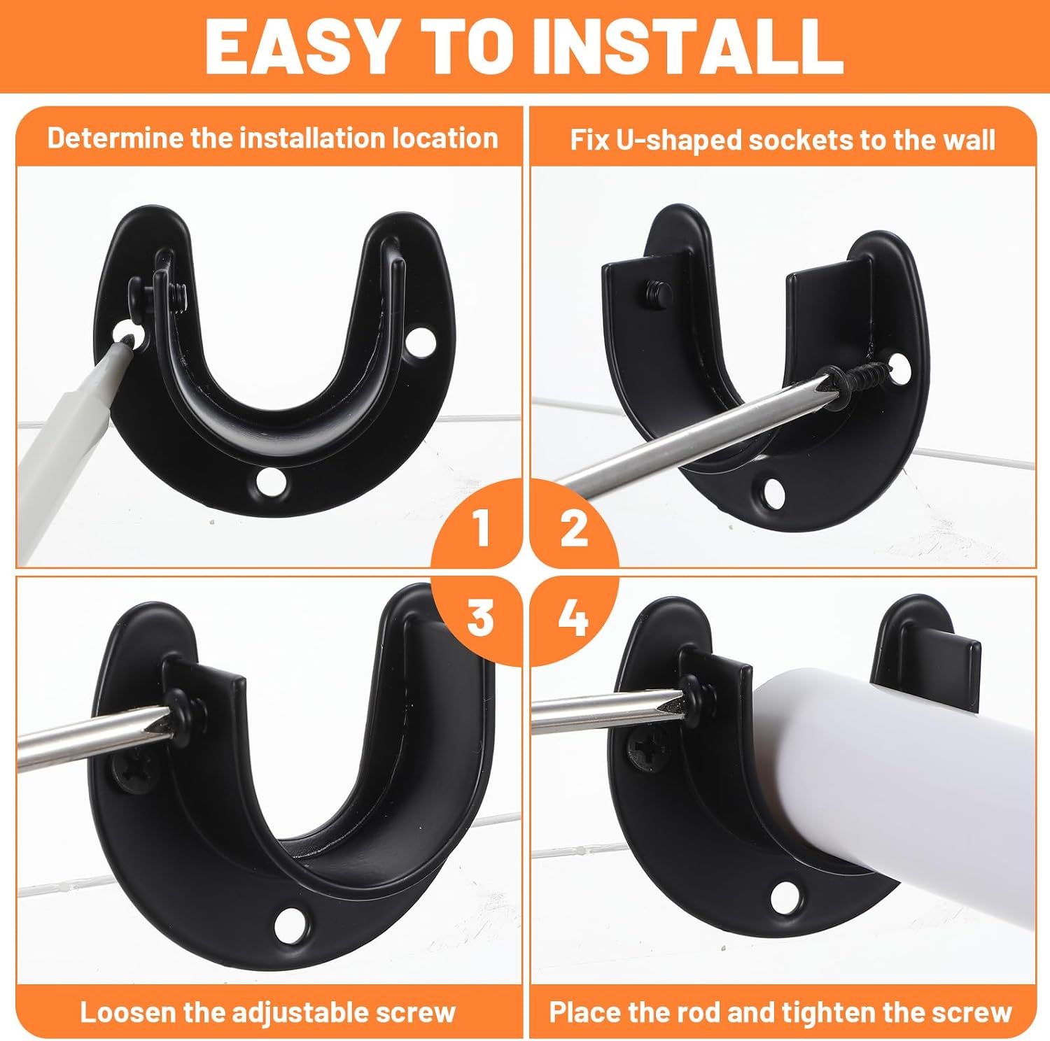 20 PCS Stainless Steel Closet Pole Sockets Black Closet Rod Holders, 1-1/4 Inch Heavy Duty U-Shaped Flange Rod Bracket Set with Screws for Wall Mount