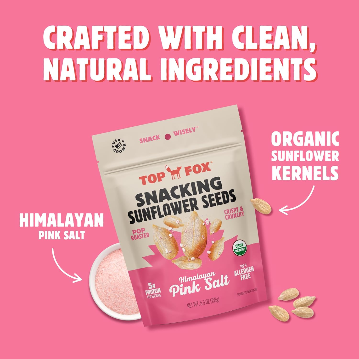 Top Fox Snacks Sunflower Seeds to Eat (Himalayan Pink Salt, 5.5 oz – 6 Pack) - Gluten Free Snacks, Protein Snacks, Keto Friendly Snacks, Allergen Free Snacks, Paleo & Vegan - Organic Pop-Roasted