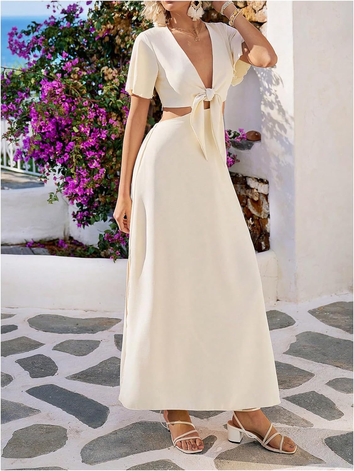 Floerns Women's Cut Out Tie Front Slit A Line Dress V Neck Short Sleeve Maxi Dresses - Image 5