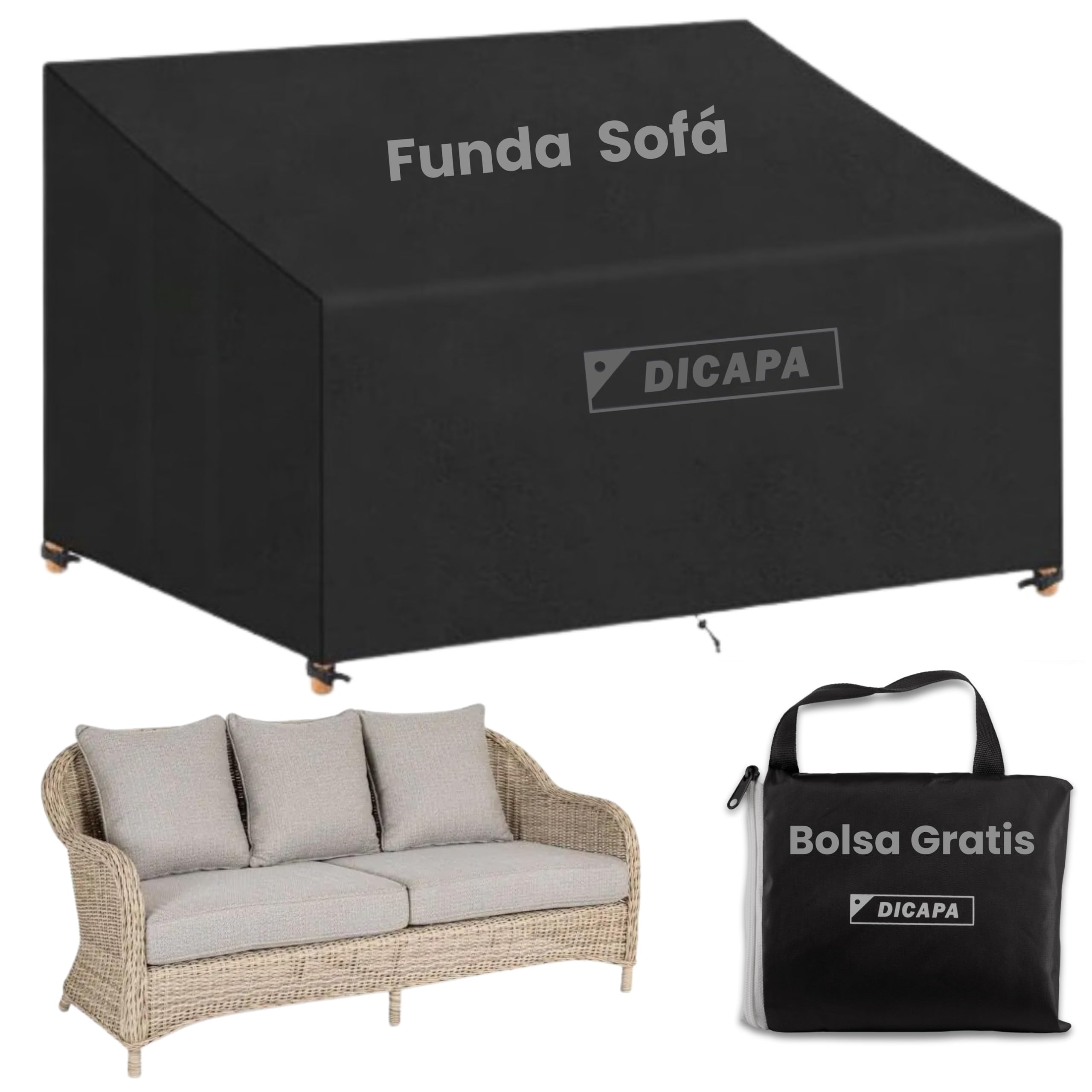 DICAPA Funda Sofa Exterior Impermeable 175x90x90cm Negro, Funda Protectora para Sofá de Jardín y Terraza, Protege tu sofá y muebles de exterior todo el año