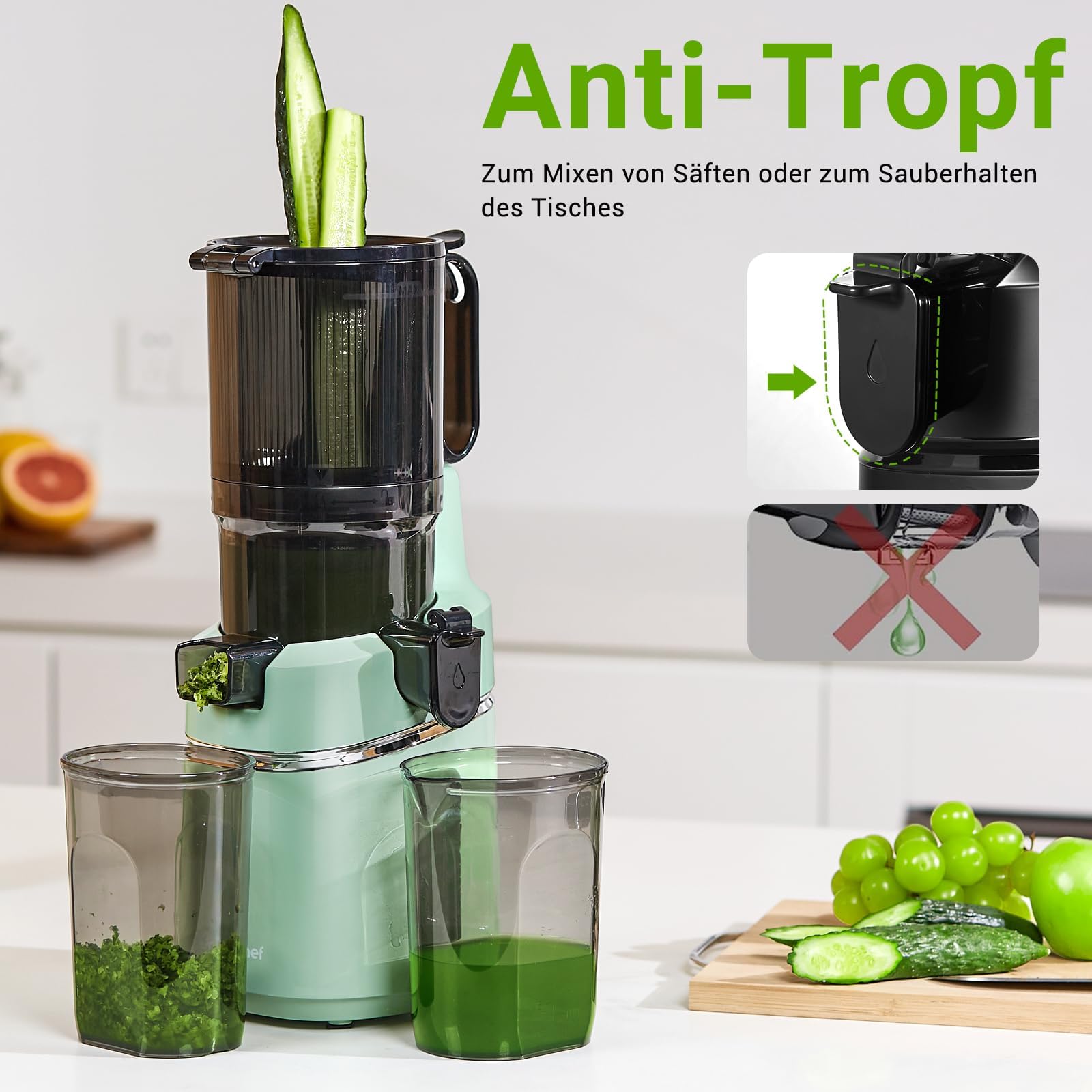 AMZCHEF Extracteur de jus automatique 250W 135mm 1,8L mains libres fruits légumes entiers lent triple filtre Vert