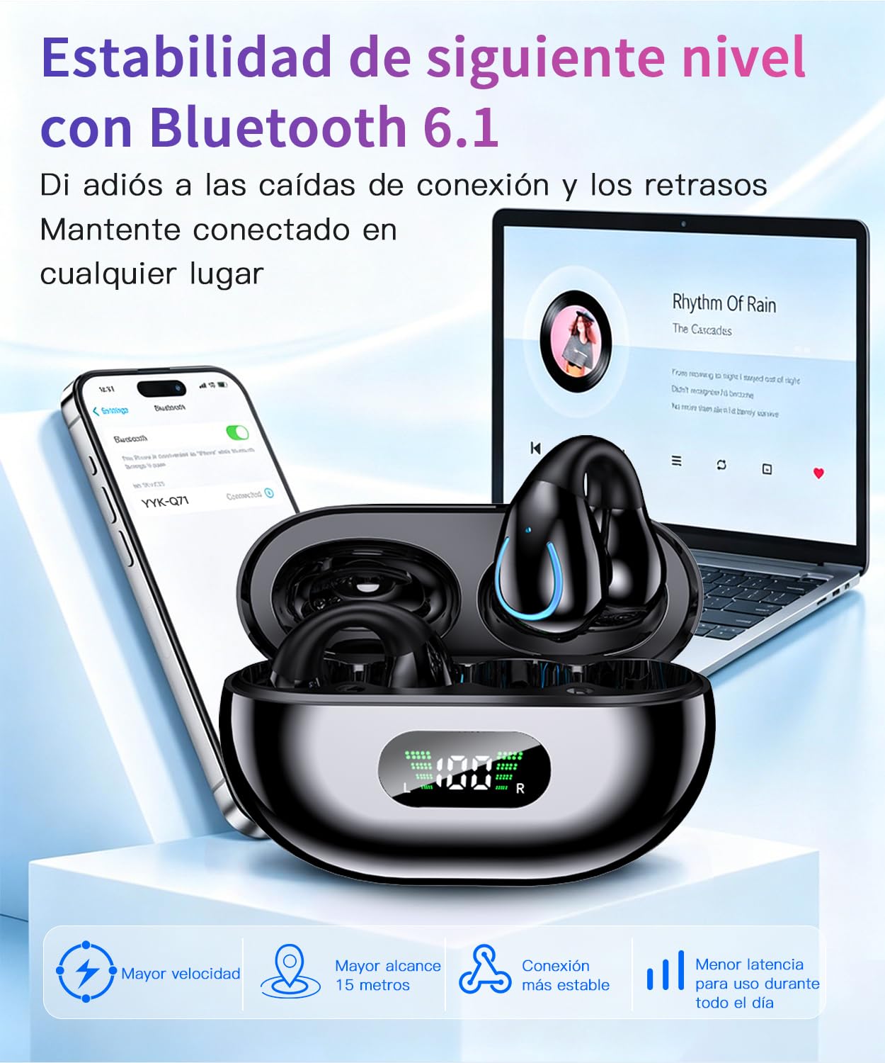 Auriculares Open Ear Bluetooth Deportivos, Clip Oreja, 80H, ENC, IPX7