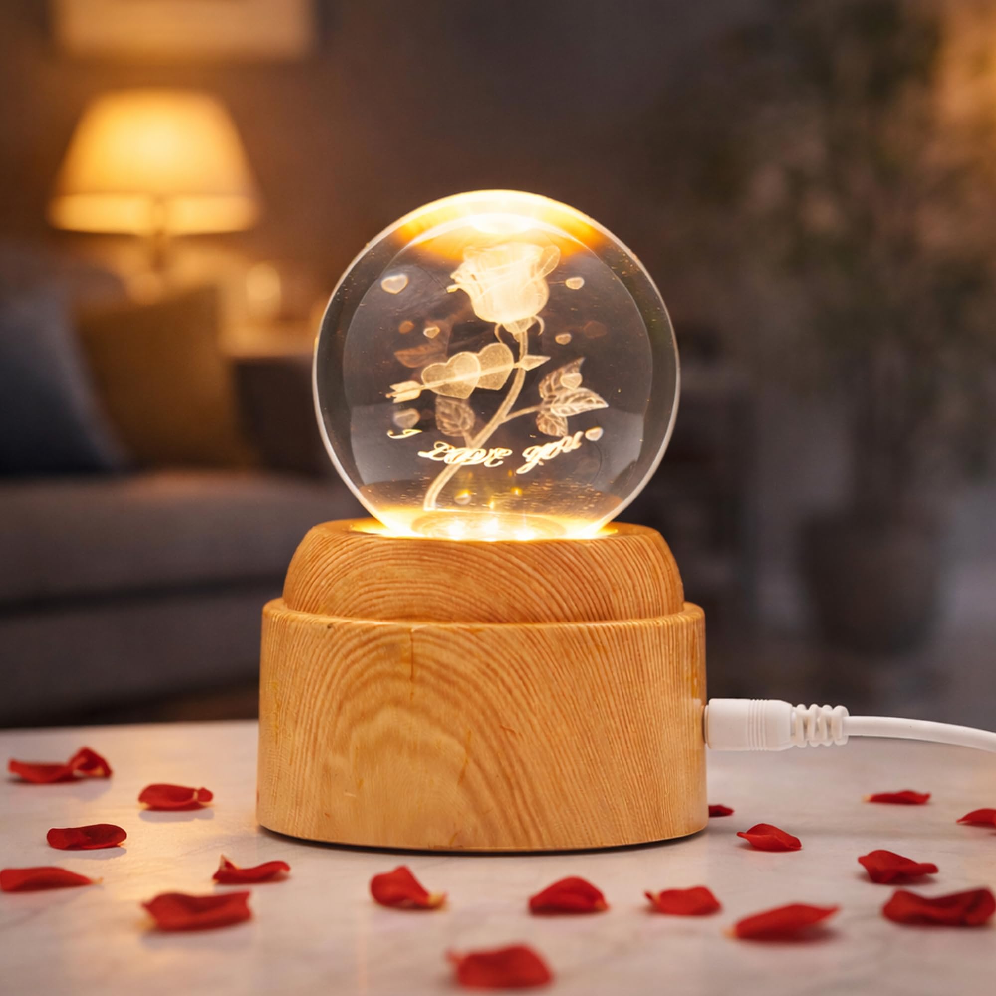 eCraftIndia I Love You Rose Flower Transparent Crystal Ball Night Lamp with Wooden Base Showpiece Table Lamp for Home Decor Bedroom Living Room TV Unit Romantic Gift for Valentine Day Anniversary