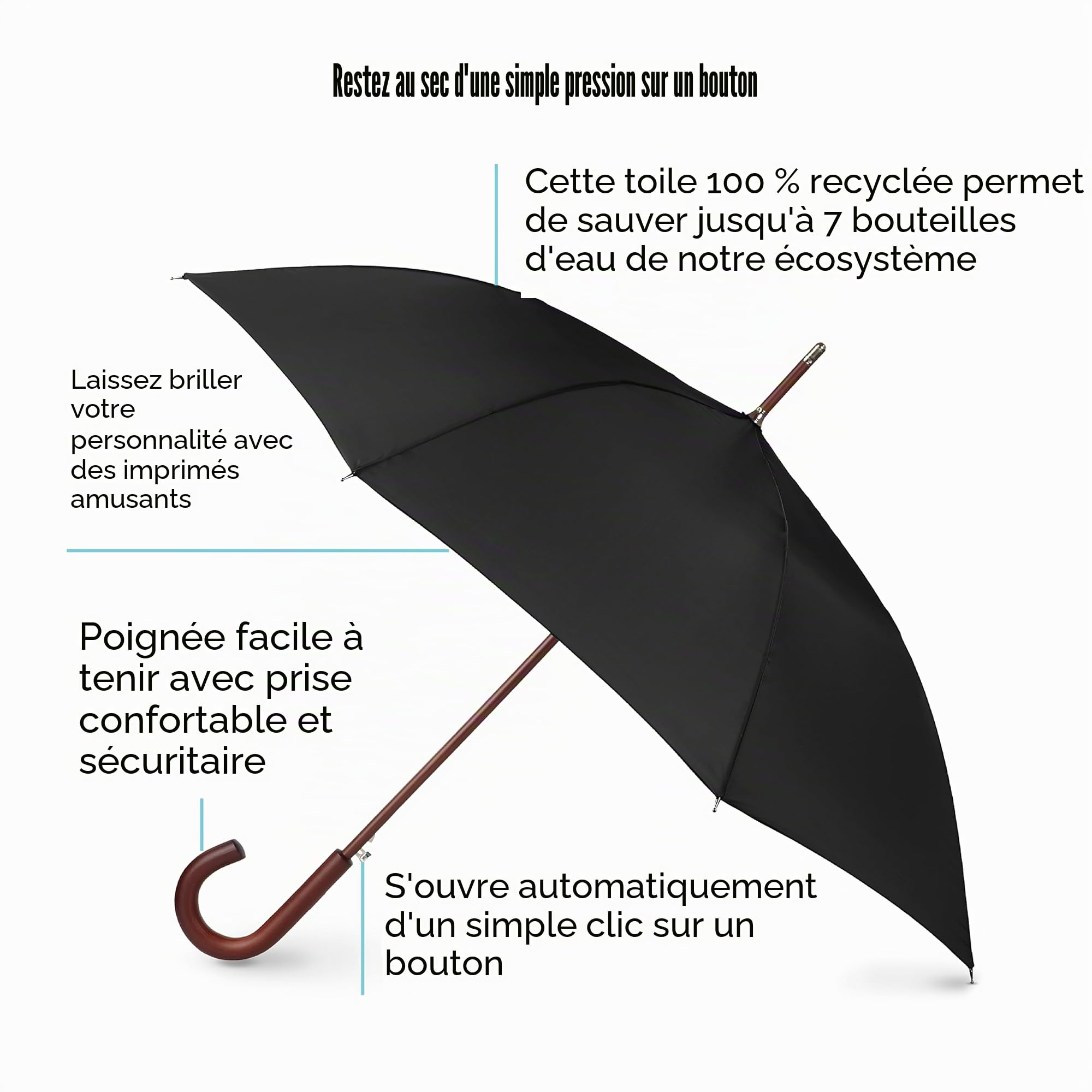 totes Parapluie avec manche en bois à ouverture automatique., Noir (Noir) - 9302