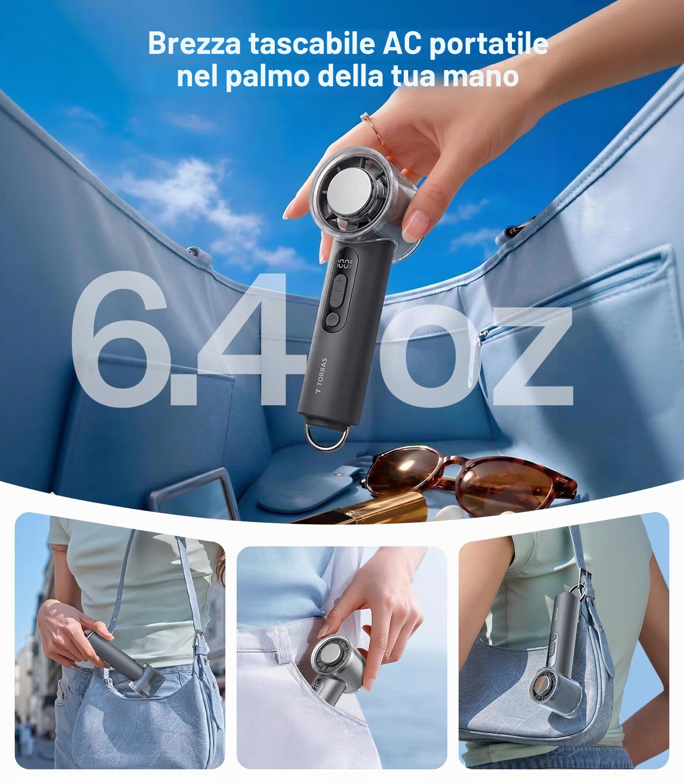TORRAS Coolify iva - Ventilatore portatile con refrigeratore per il ghiaccio, raffreddamento di 10 °C, velocità regolabile da 0 a 100, super mini ventilatore portatile 4900 mAh, ricaricabile, ventole