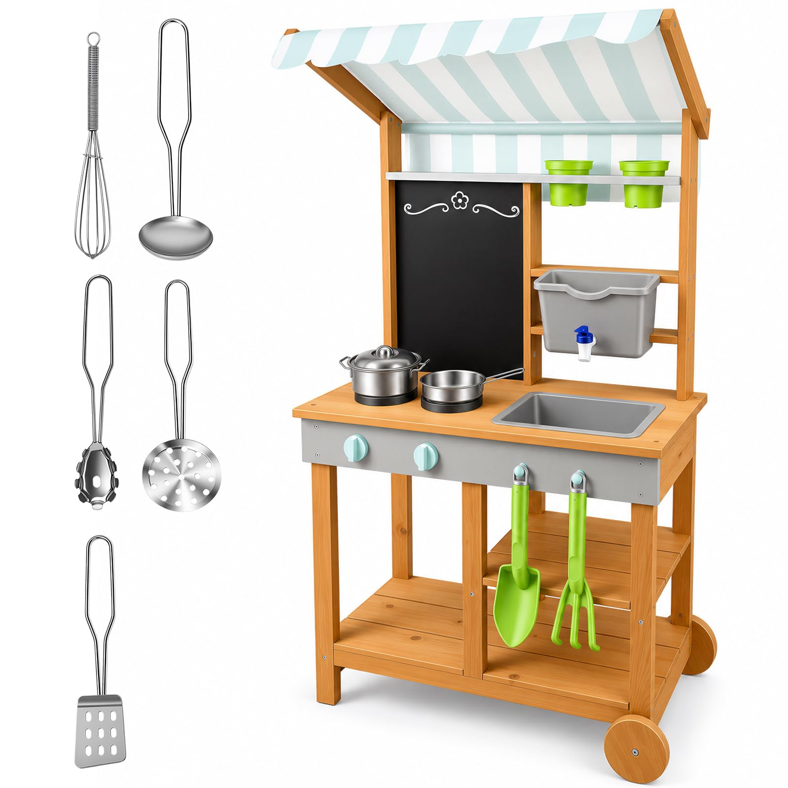 Matschküche Kinder Outdoor Holz mit Wasserdichtem Dach & Rädern, Kinderküche mit Wassertank Wasserhahn Kreidetafel & Spielküche Zubehör Set, Matschtisch Mud Kitchen Gartenspielzeug für Jungen Mädchen