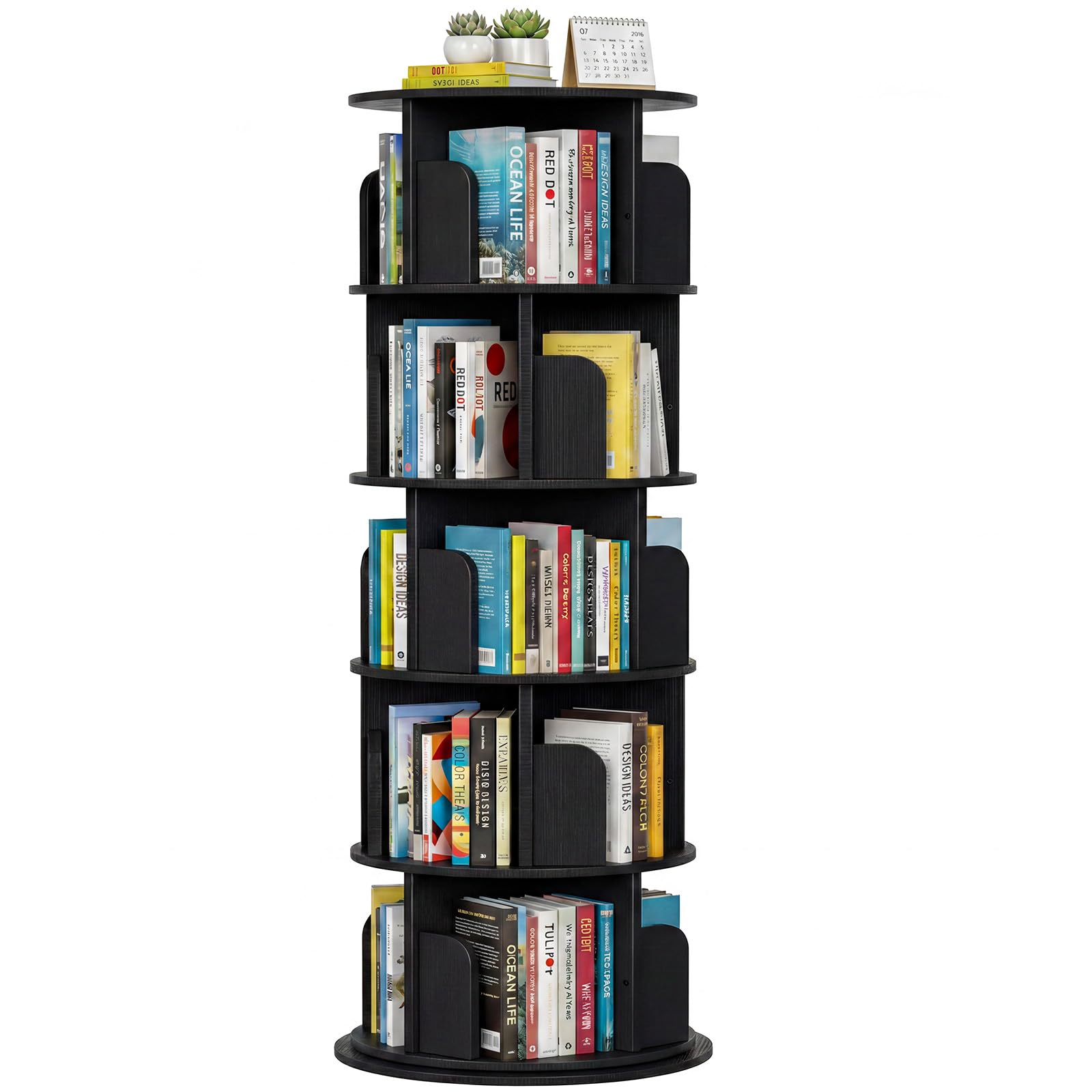 Homieasy Estantería Giratoria 5 Niveles, 360 Grados, Negro | 162x40cm, Torre de Libros con 20 Compartimentos, Ahorro Espacio, Salón, Oficina y Estudio, MDF