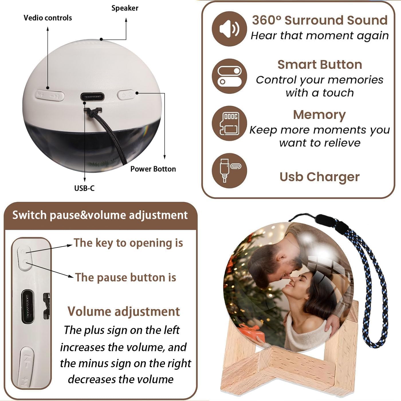 Memory Sphere Lamp,Crystal Ball Video Player, New Year Memory Orb Ball with Video & Photo Upload Ideal for DIY Gift,Anniversary Birthday, Valentine’s Day Personalized Gifts (Blak)