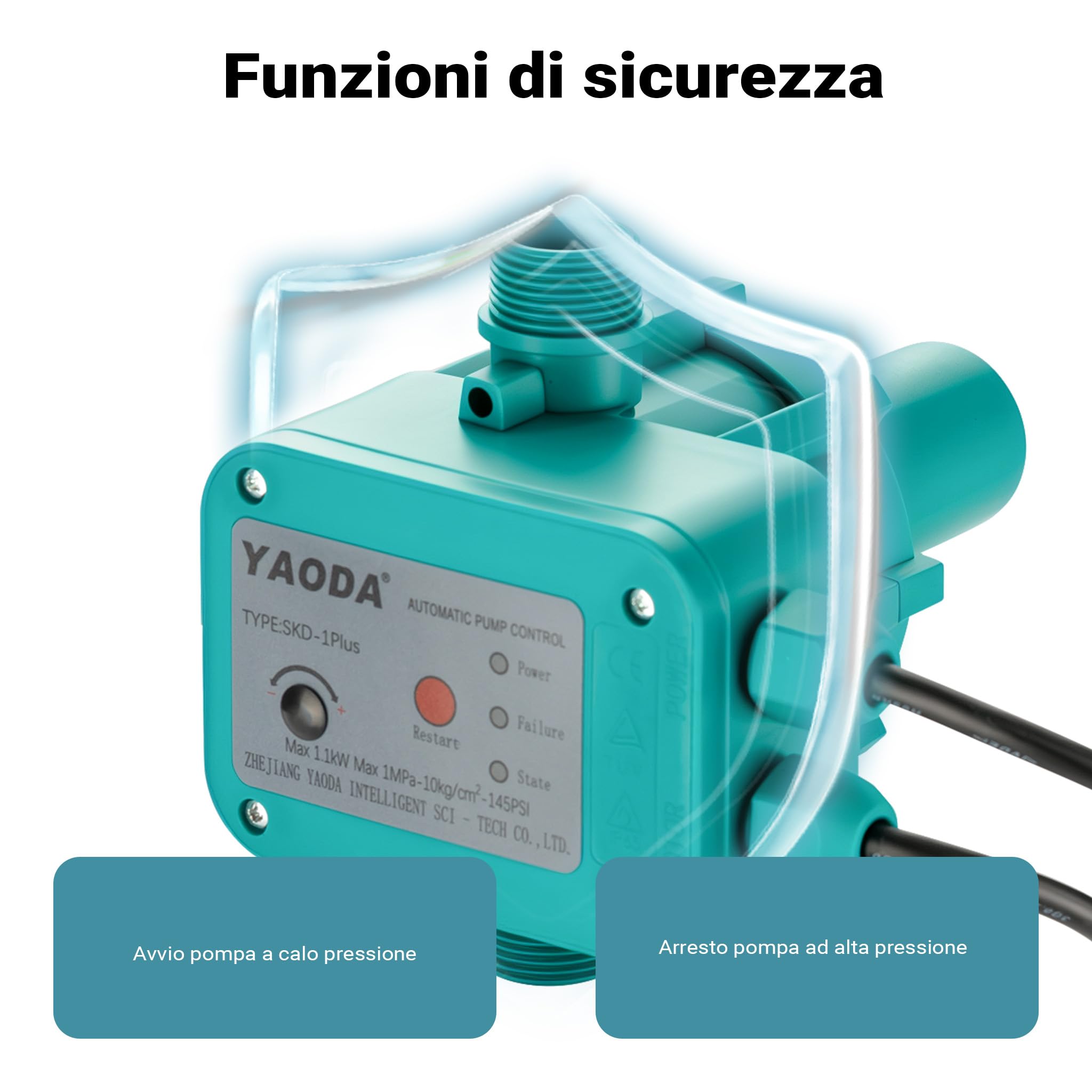 Wiltec Pressostato SKD-1 230V monofase 10 bar unità di controllo pompa funzionamento a secco, per autoclave