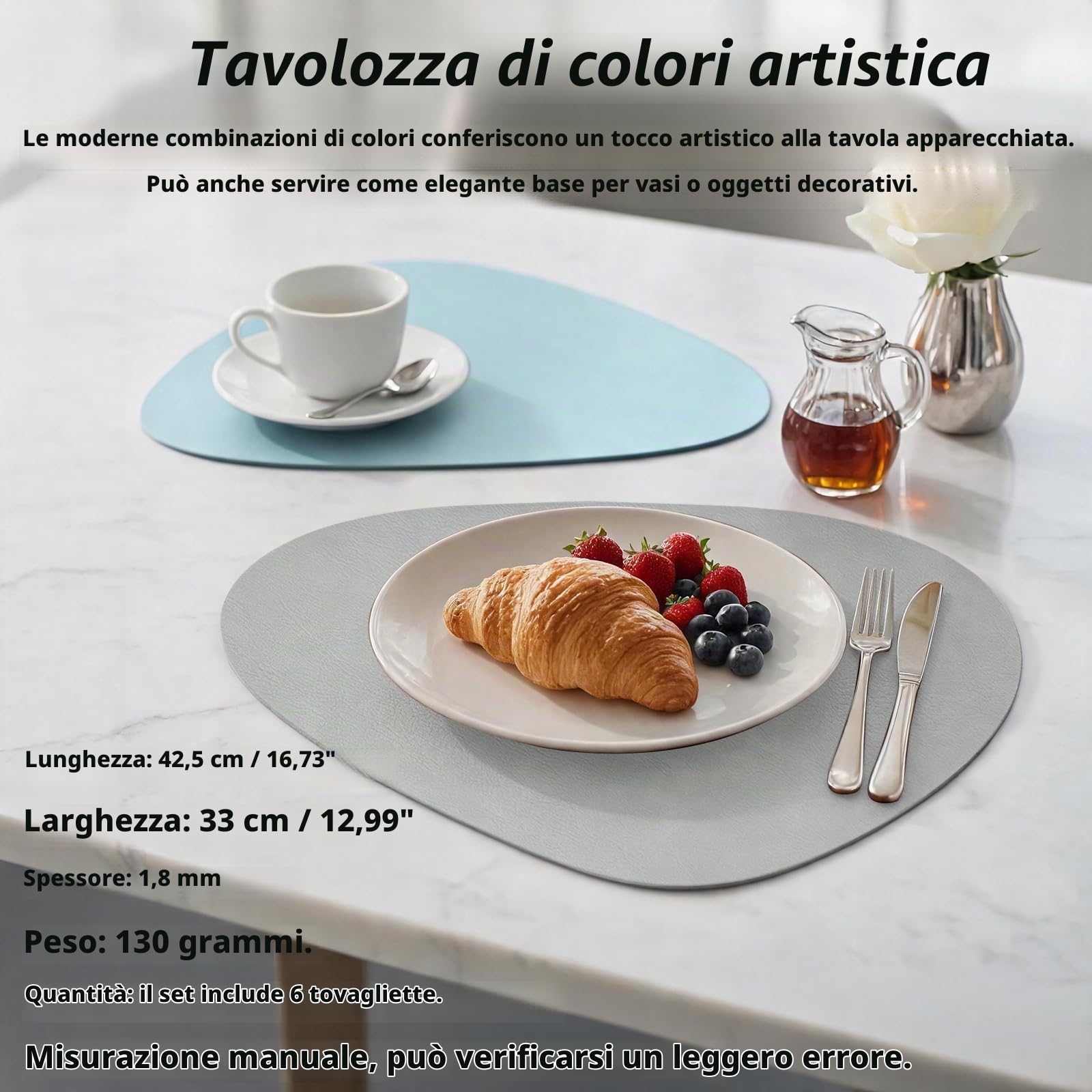 HaruYo Set di 6 Tovagliette in Pelle PU, Doppia Faccia, Lavabile | Forma a Goccia, Antimacchia, Resistente al Calore, Anti-Graffio, Impermeabile, Grigio chiaro e azzurro pallido