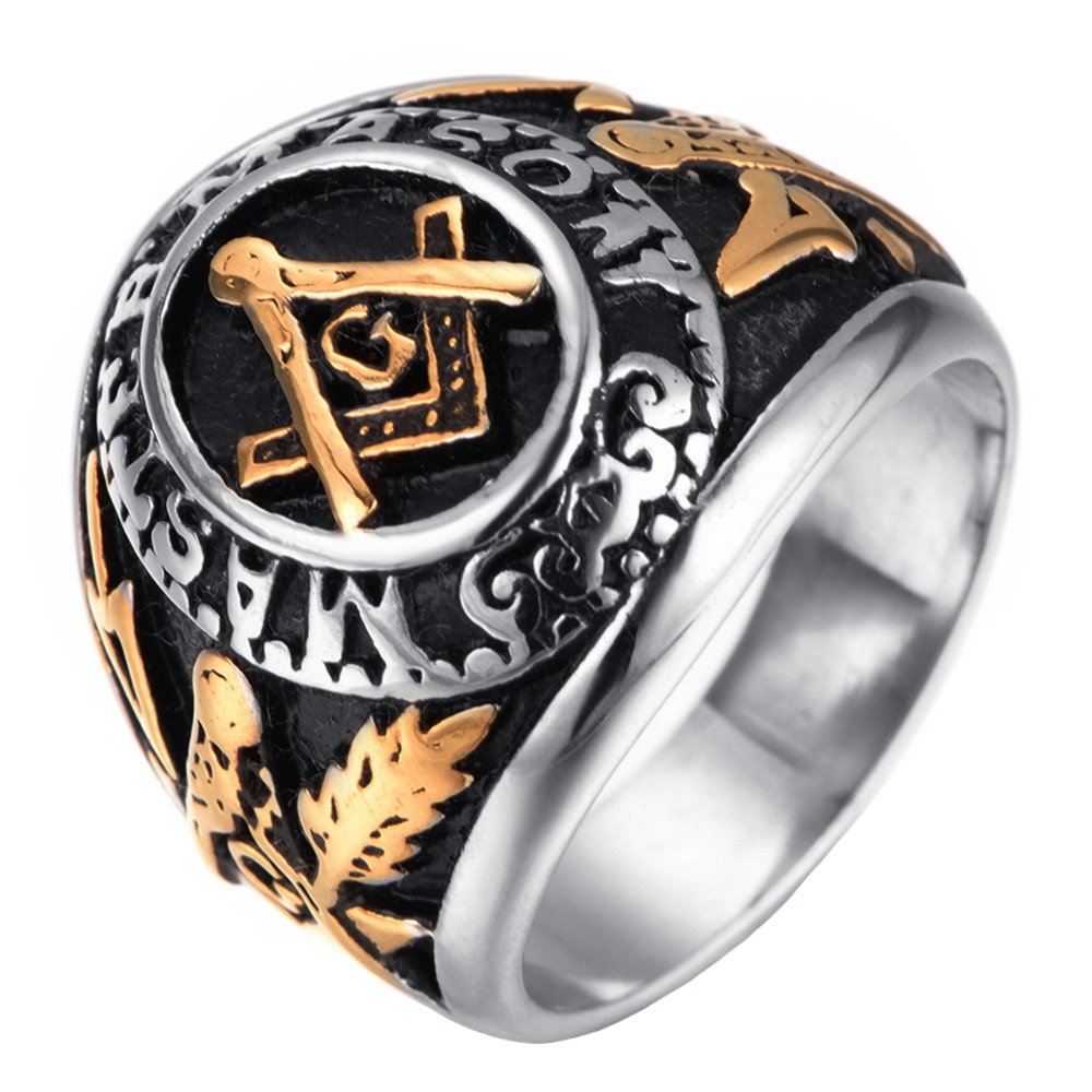 INRENG Men's Stainless Steel Vintage Freemason Masonic Rings Signet Biker Bands Silver Black Gold