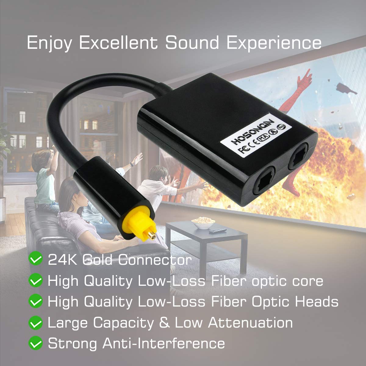 Digital Toslink Fiber Optical Audio Splitter Cable 1 in 2 Out, HOSONGIN Toslink Fiber Optic Adapter Cable,Fiber Converter, Digital Optical Audio Adapter Cable