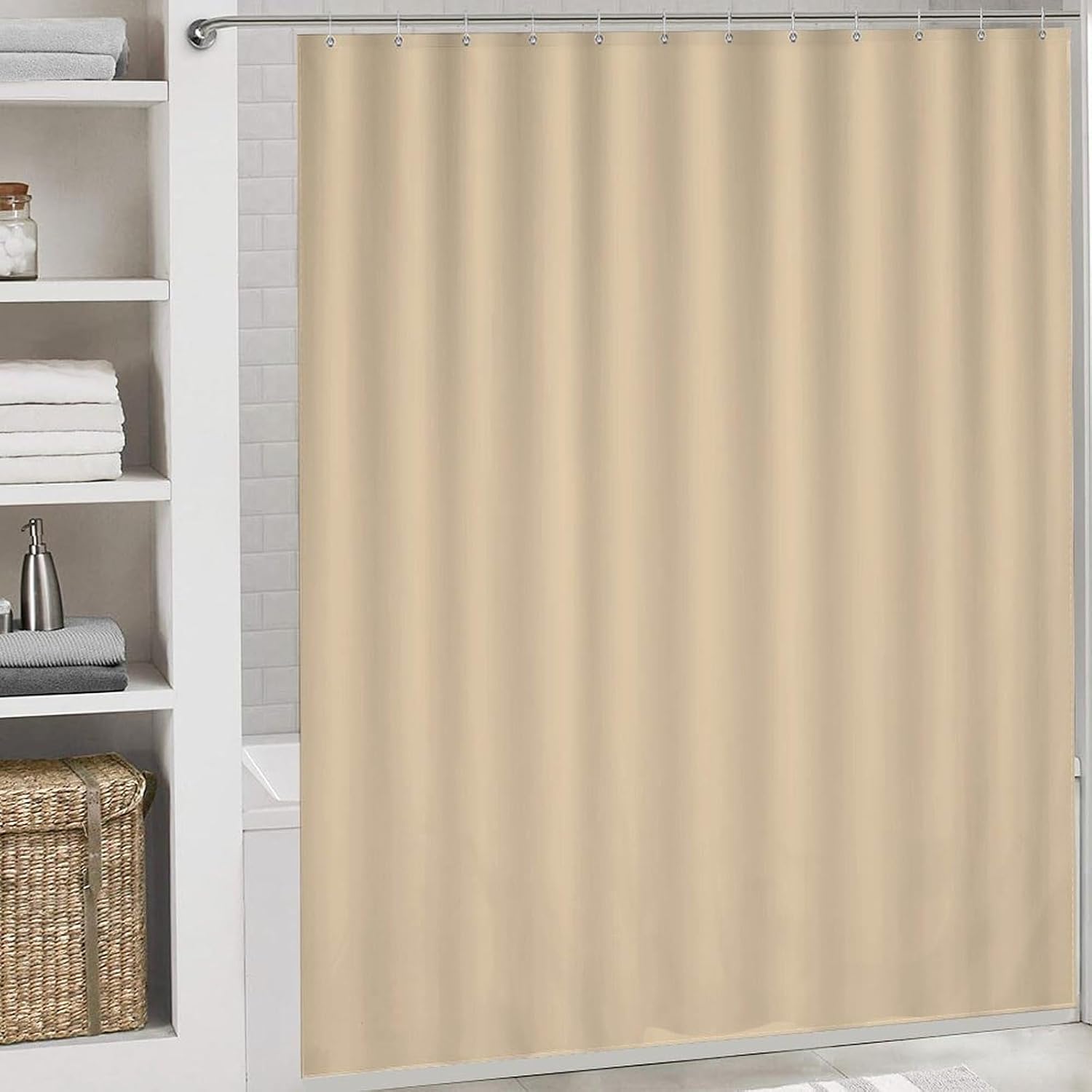 4 Pieces Shower Curtain Sets, Solid Color Plain Sand Beige Bathroom Sets with Shower Curtain & Rugs, Bathroom Decor Rug Toilet Lid Cover & Non-Slip U Shape Mat