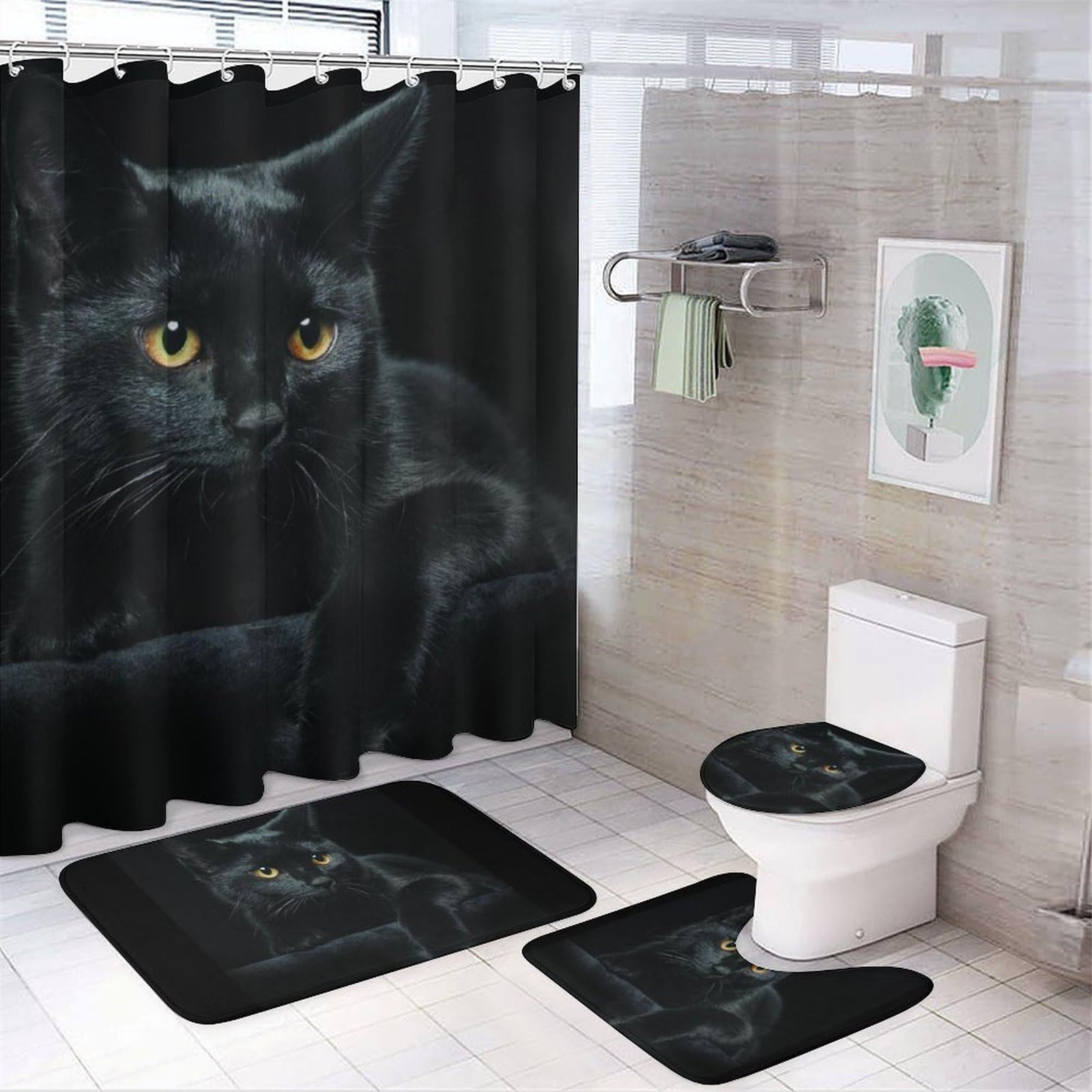 JiuPopular Bathroom Mat Set 4 Piece, Black Cat Pattern Shower Curtain with Non-Slip Bath Mats for Bathroom