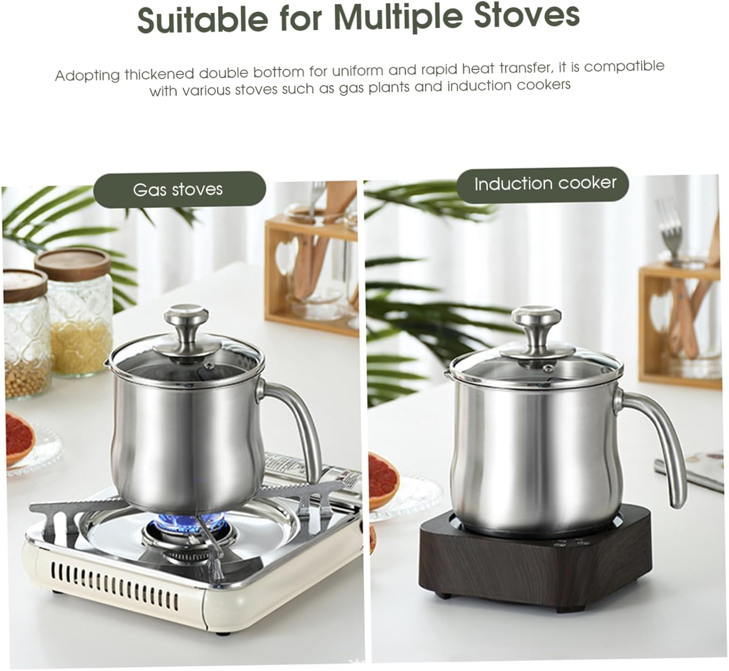 Stainless Steel Saucepan, 2L Milk Pot with Spout - Glass Lid for Boiling Milk, Sauce, Pasta, Noodles