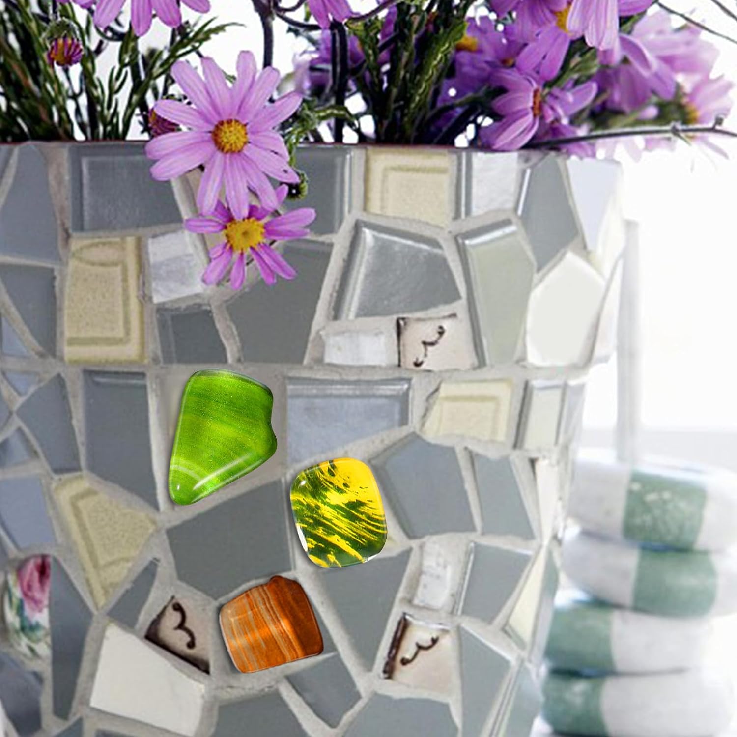 Unomor Bucket Mosaic Glass Tiles for Crafts DIY Stained Glass Pieces with Mixed Colors Smooth Edges Convenient Storage for Home Decoration and Art Projects