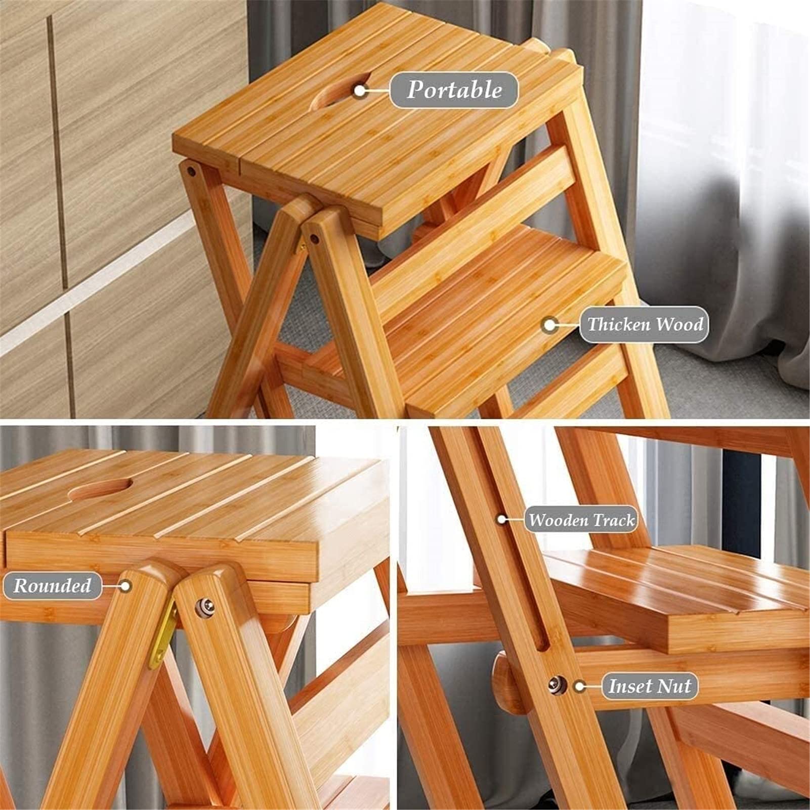 Taburete de Paso portátil Plegable de 4 peldaños para Cocina, Taburete de Paso para niños pequeños, Taburete de Madera de 4 Pasos para Adultos y niños en Interiores