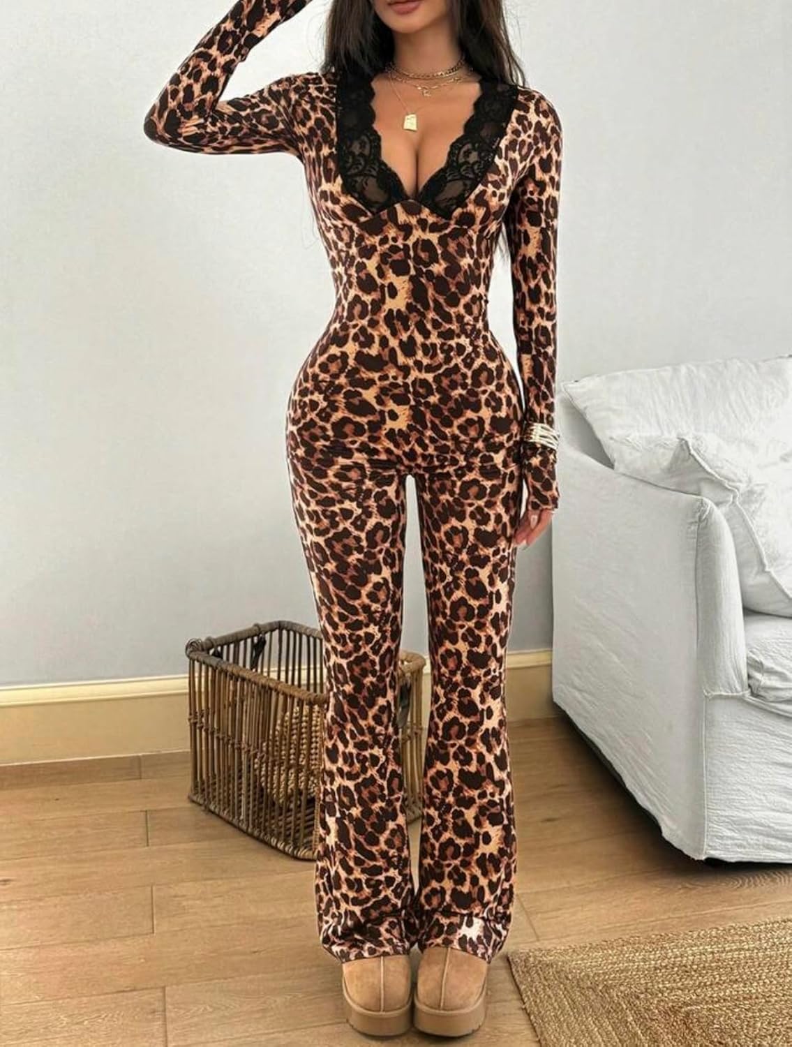 Women's Sexy Leopard Print Jumpsuit Lace V Neck Long Sleeve One Piece Outfits Y2K Bodycon Cheetah Rompers Club Wear - Image 5