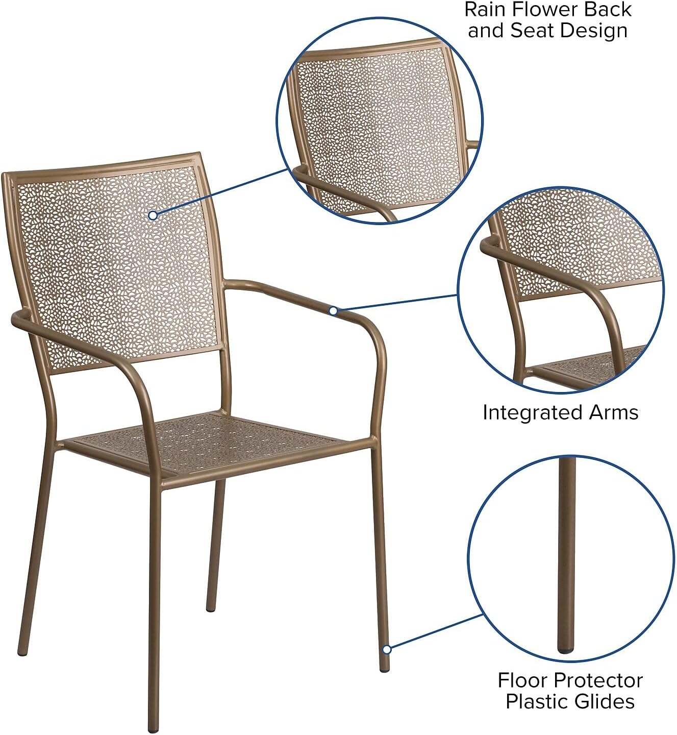 Flash Furniture Commercial Grade Gold Indoor-Outdoor Steel Patio Arm Chair with Square Back