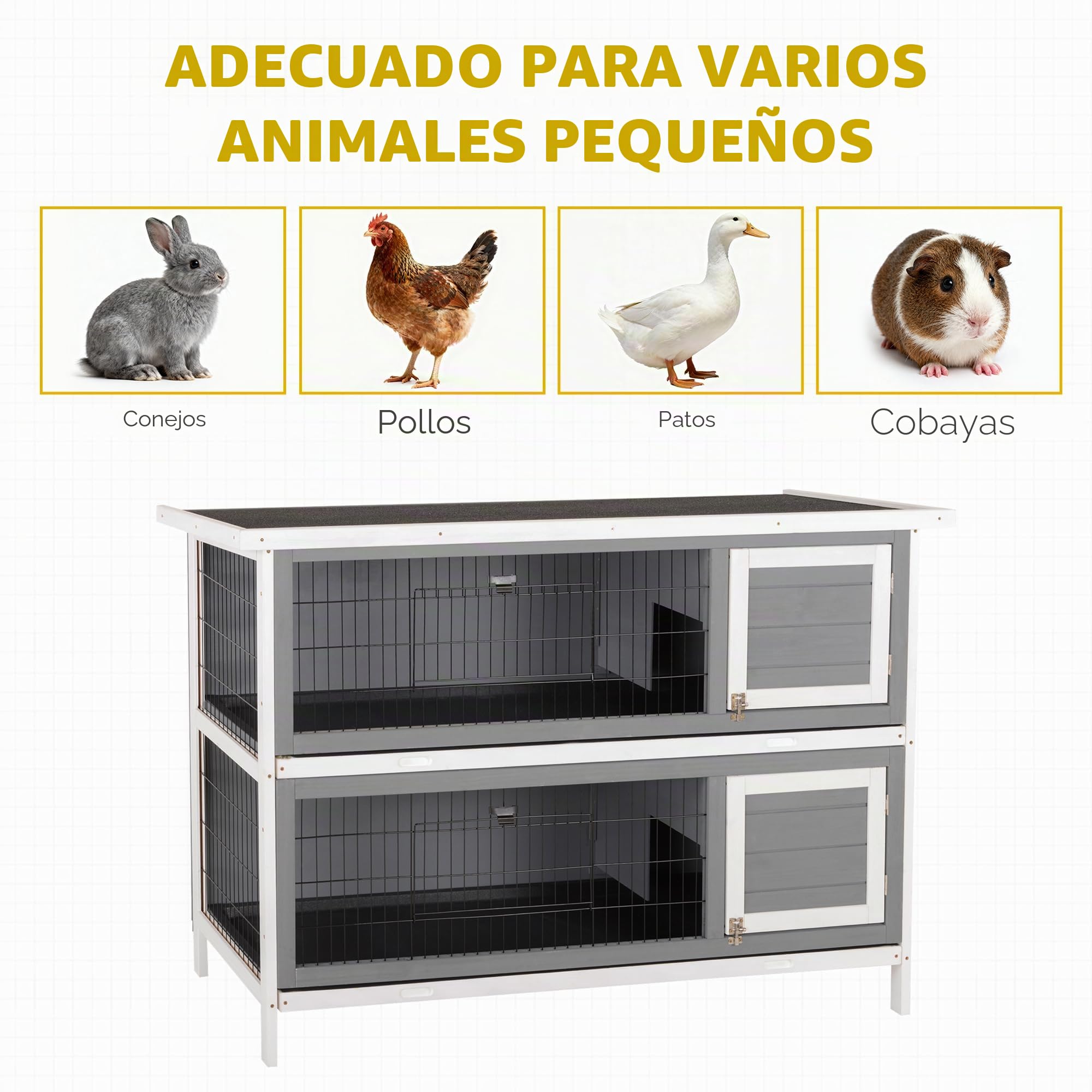 PawHut conejera 2 Niveles conejera de Madera Maciza a Prueba de Invierno casa de Dos Pisos con bandejas en el Suelo 136,4 x 50 x 93 cm Jaula para Conejos conejera para Animales pequeños Conejos de
