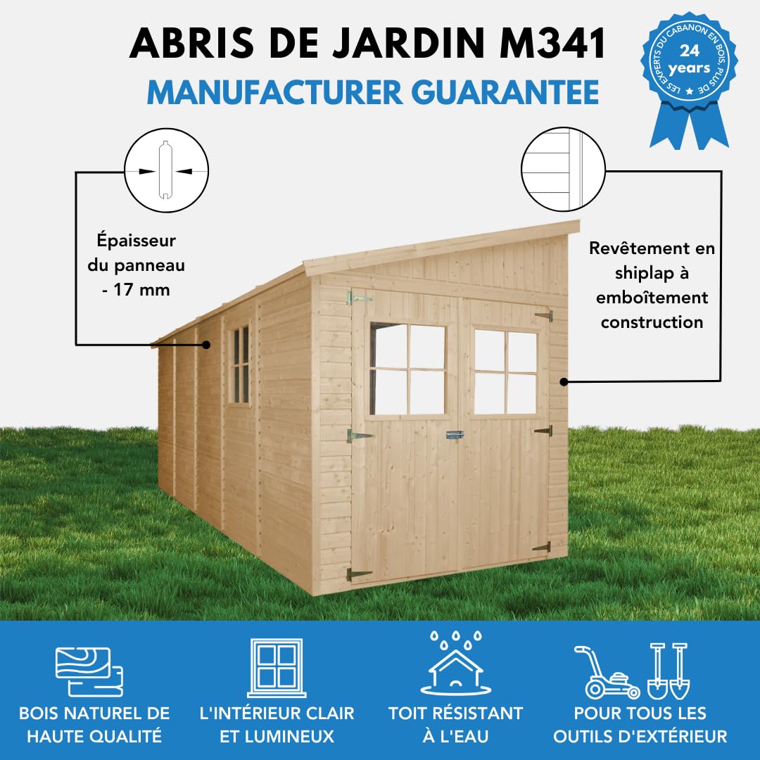 TIMBELA M341 Abri de Jardin en Bois Naturel (sans paroi latérale)- Stockage extérieur avec fenêtres- H244x216x513 cm/10 m2, Hangar en Bois Naturel - Atelier Rangement Outils et vélos