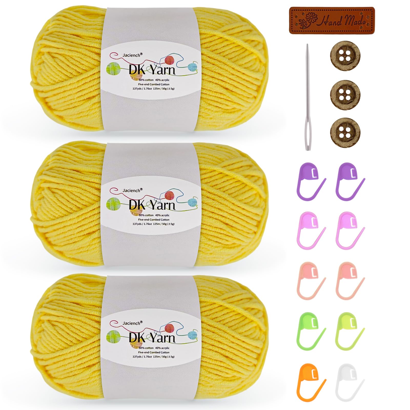 Crochet Yarn Kit, 3×50g 60% Cotton 40% Acrylic Combed Cotton Yarn with Accessories, DK Wool for Beginners Amigurumi Socks Blankets（Yellow-3）