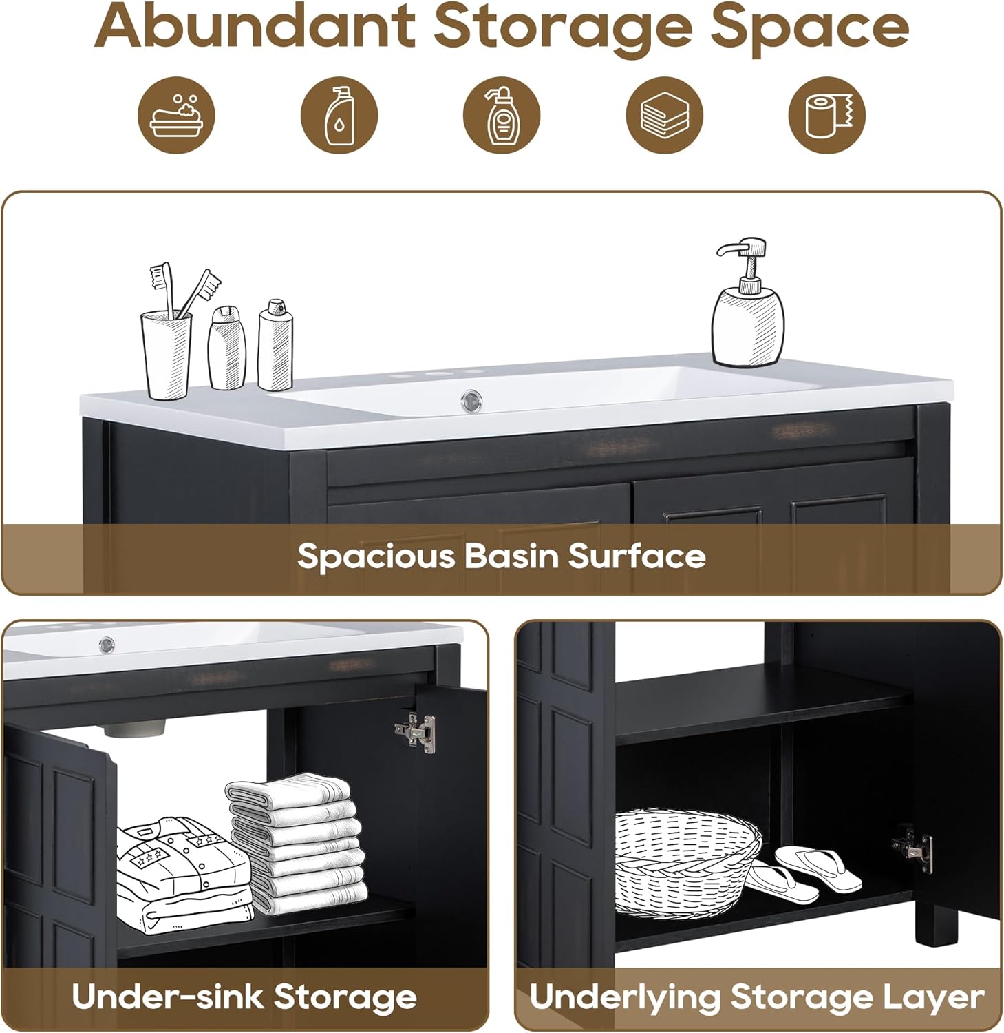 Favfurish 36" Bathroom Vanity w/Sinks,Free Standing Singe Basin Vanity Set w/Adjustable Shelf & Soft Close Doors,Solid Wood Frame Storage Cabinet for Bathroom,Retro Espresso