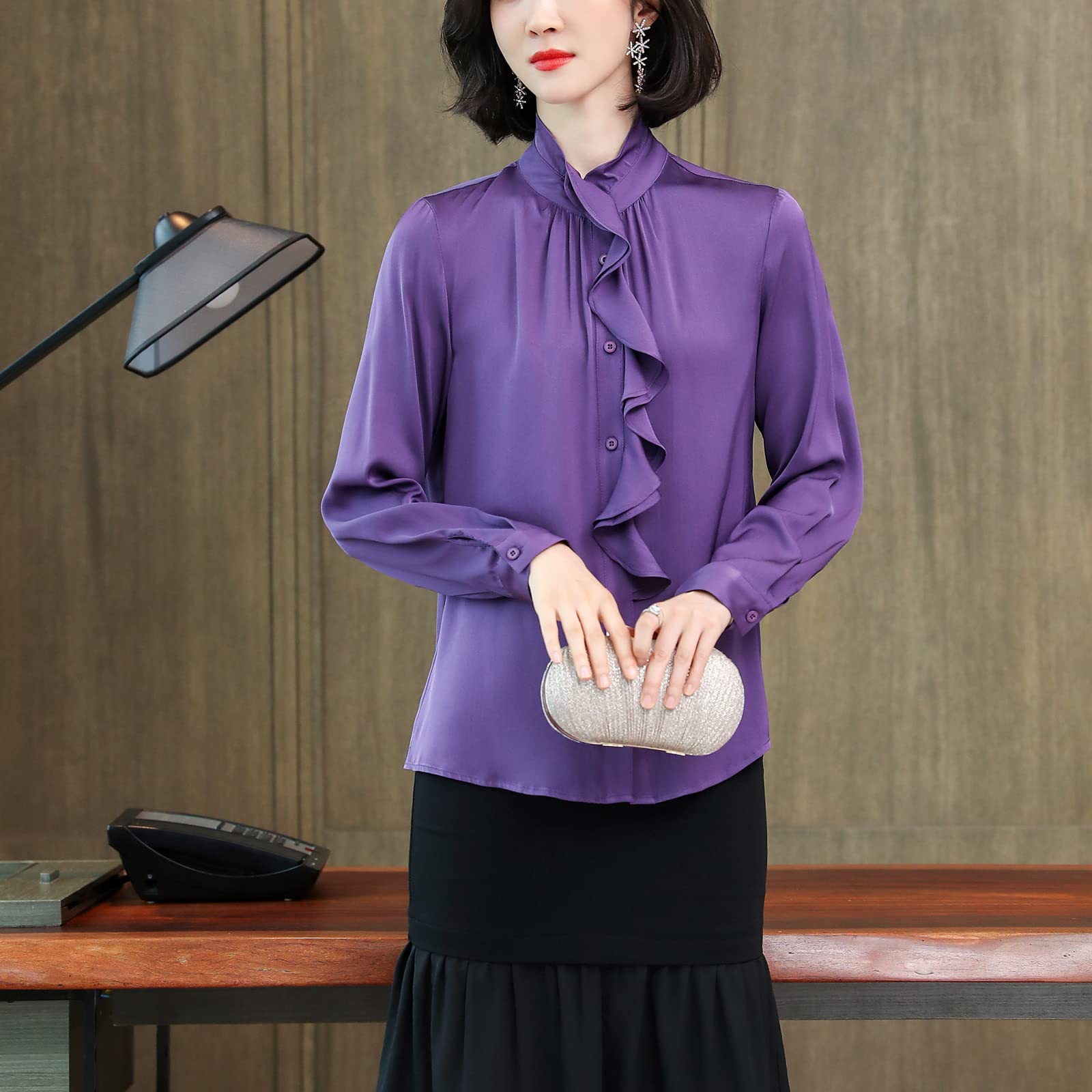 E-girl Blusa de seda para mujer, camisa de seda sólida, con botones, manga larga, cuello alto, blusa de seda, S3391