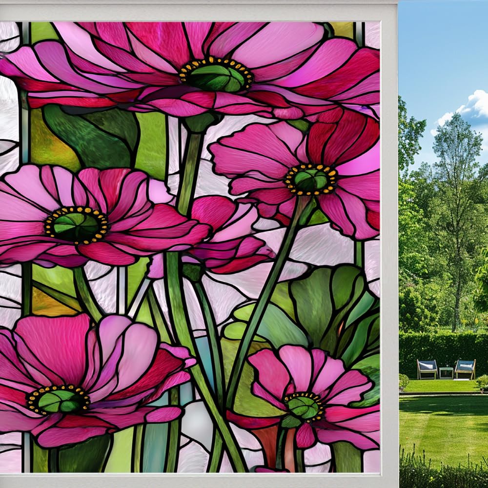 Romantic Poppy Stained Glass Window Film, Colorful Elegant Floral Garden Peel and Stick Privacy Film, Frosted Adhesive Vinyl Decorative for Bathroom Windows Glass Doors, （45x60cm）