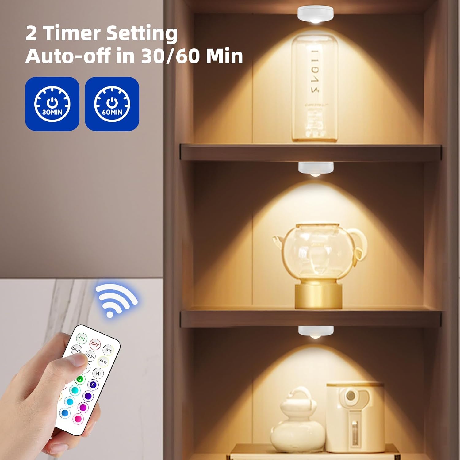 LED Puck Lights with Remote Control, 13 Colors Battery Operated Tap Lights, Dimmer& Timer Magnetic Under Cabinet Light, Wireless Stick on Light for Closet, Bedroom, Kitchen White 3Pcs