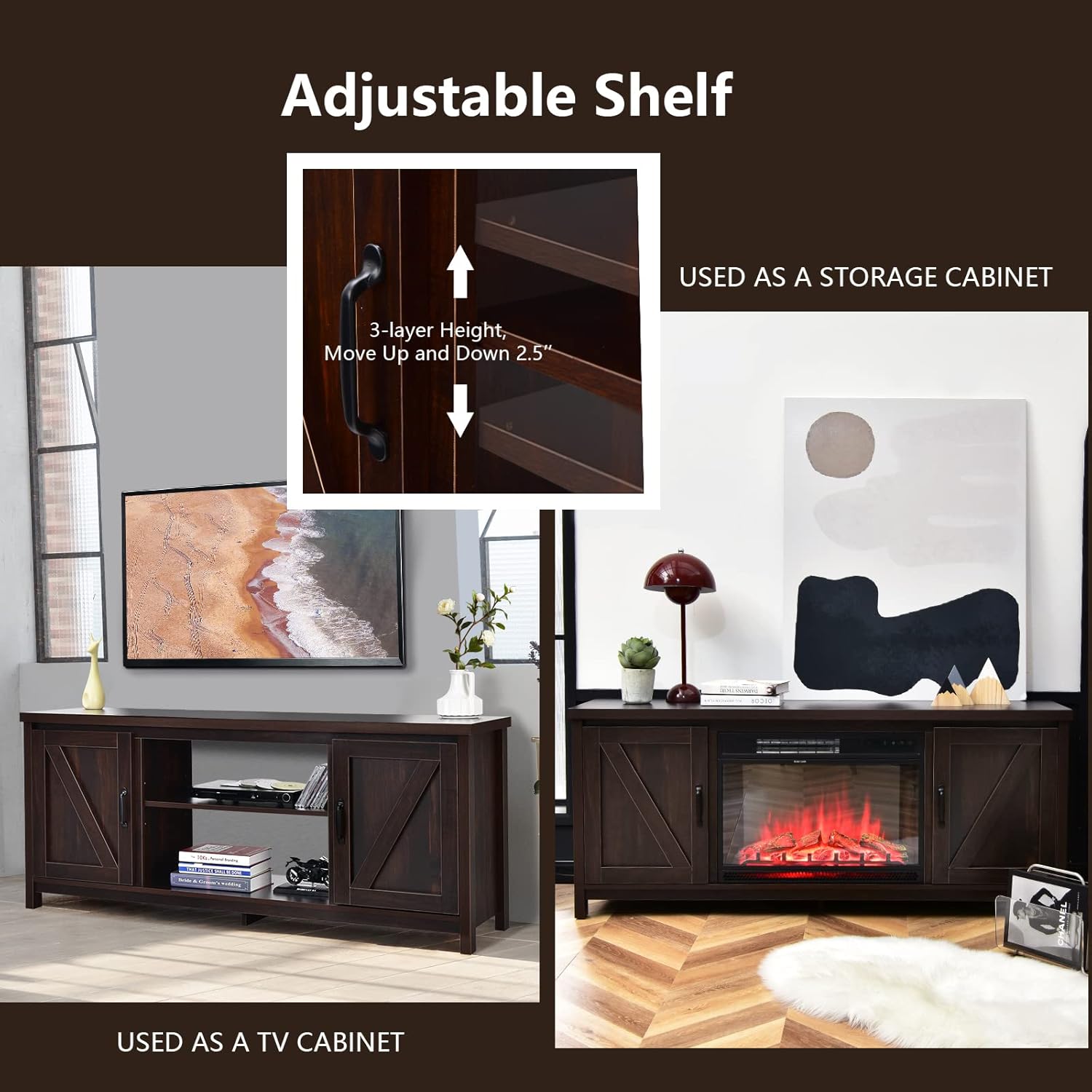 Tangkula Barn Door TV Stand, TV Console Table for TVs up to 65 Inch, Media Entertainment Center with 2 Cabinets & Adjustable Shelves, Wooden TV Stand for 25-Inch Fireplace (Not Included) (Coffee)