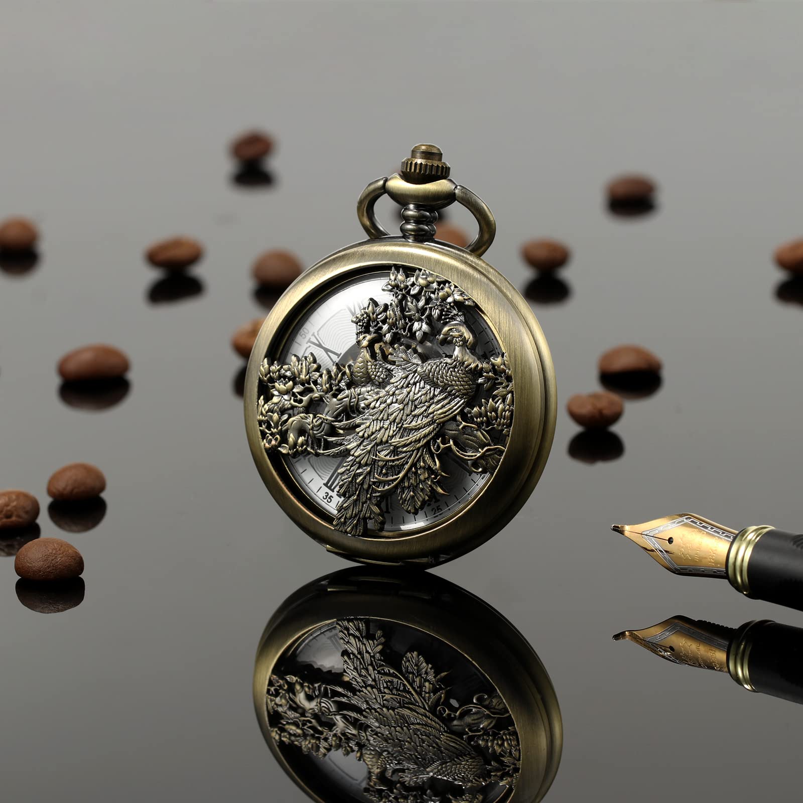 TREEWETO Mechanische Bronze-Taschenuhr für Herren, Glücks-Pfau, Skelett-Taschenuhr, antikes römisches Zifferblatt, mit Kettenbox, bronze
