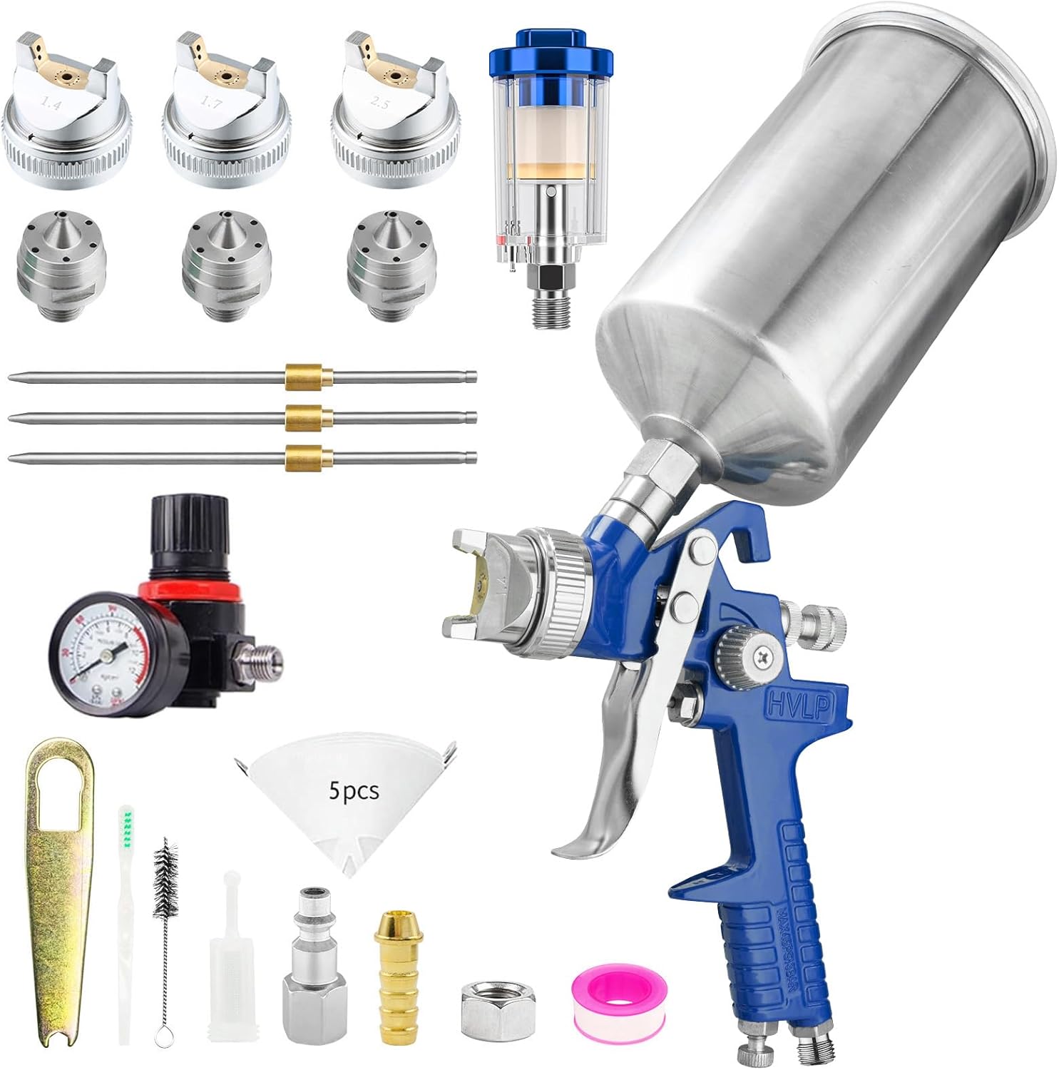 RRJ HVLP Gravity Feed Spray Paint Gun, Paint Sprayer 1.4/1.7/2.5mm Nozzles with Air Regulator, 1000cc, Automotive Paint Gun for Car Primer, Paint Gun for House Painting, Furniture, Fence (Blue)