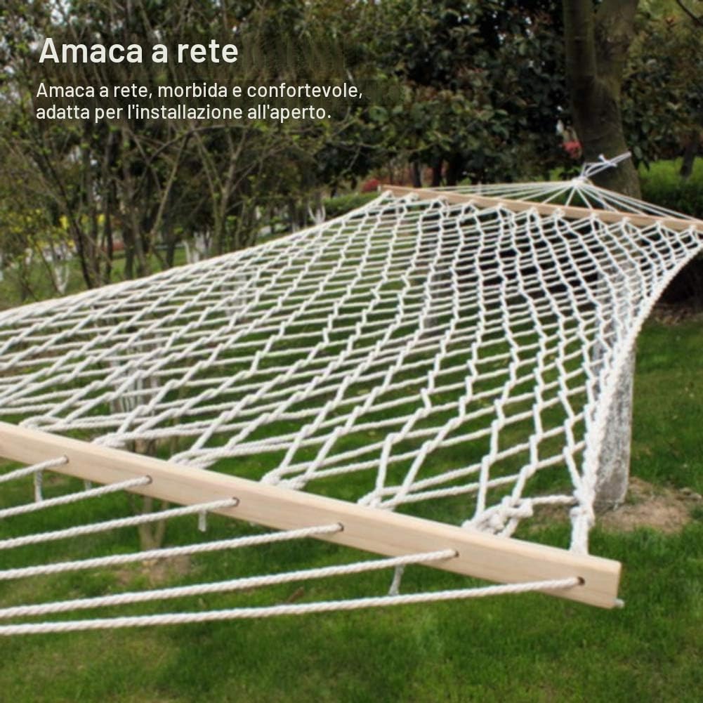 Amaca in Corda, Amaca in Rete Portatile da Giardino Esterno Amache in Corda di Cotone Intrecciata con Barra di Distribuzione in Legno Decorazione Altalena Appesa per