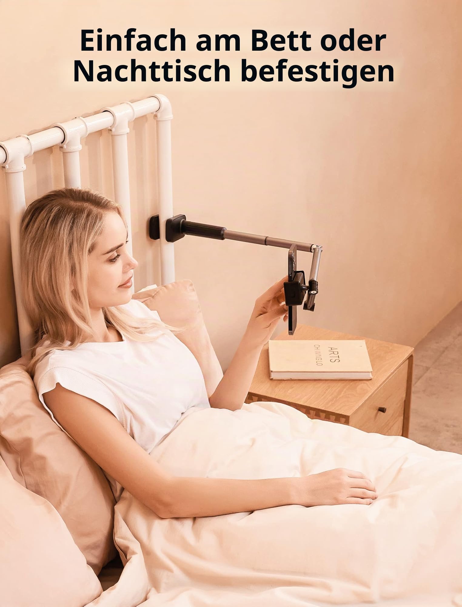 JSAUX Handy Halter mit justierbarem langem Arm für Schreibtisch & Bett, Handystütze, Mobil-Ständer, Handyhalter, Handy-Ständer, Telefonhalter kompatibel mit iPhone 15/15 Pro/15 Plus/14 etc. [Schwarz]