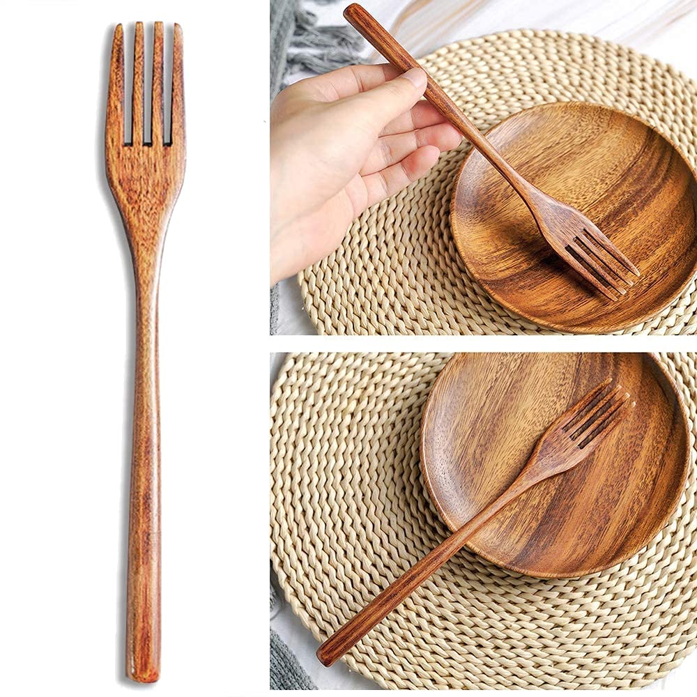 Juego de Cubiertos de Cuchillo de Tenedor de Cuchara de Madera de 15 Piezas, Juego de Utensilios de Cena de Madera, Juego de Cubiertos de Vajilla de Cocina de Madera