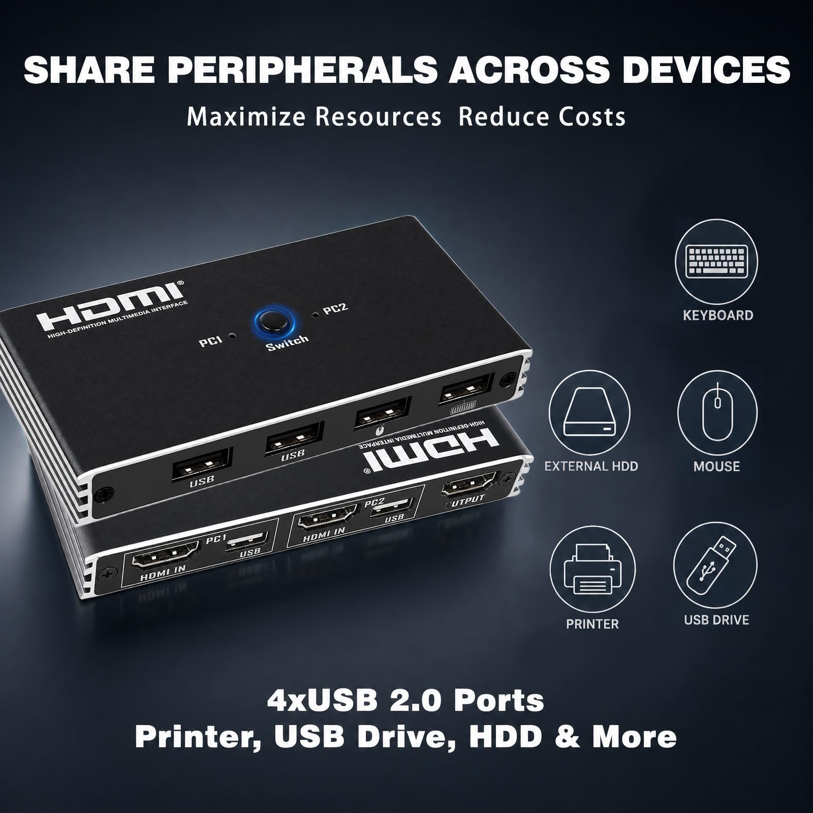 Przełącznik KVM HDMI 2 Komputery 1 Monitor 4K 60Hz USB-A Dla Win/Mac/Linux | Plug&Play, porty USB 2.0, kompatybilność z systemami Windows/Mac/Linux, idealne do gier i pracy zdalnej, stabilne i trwałe